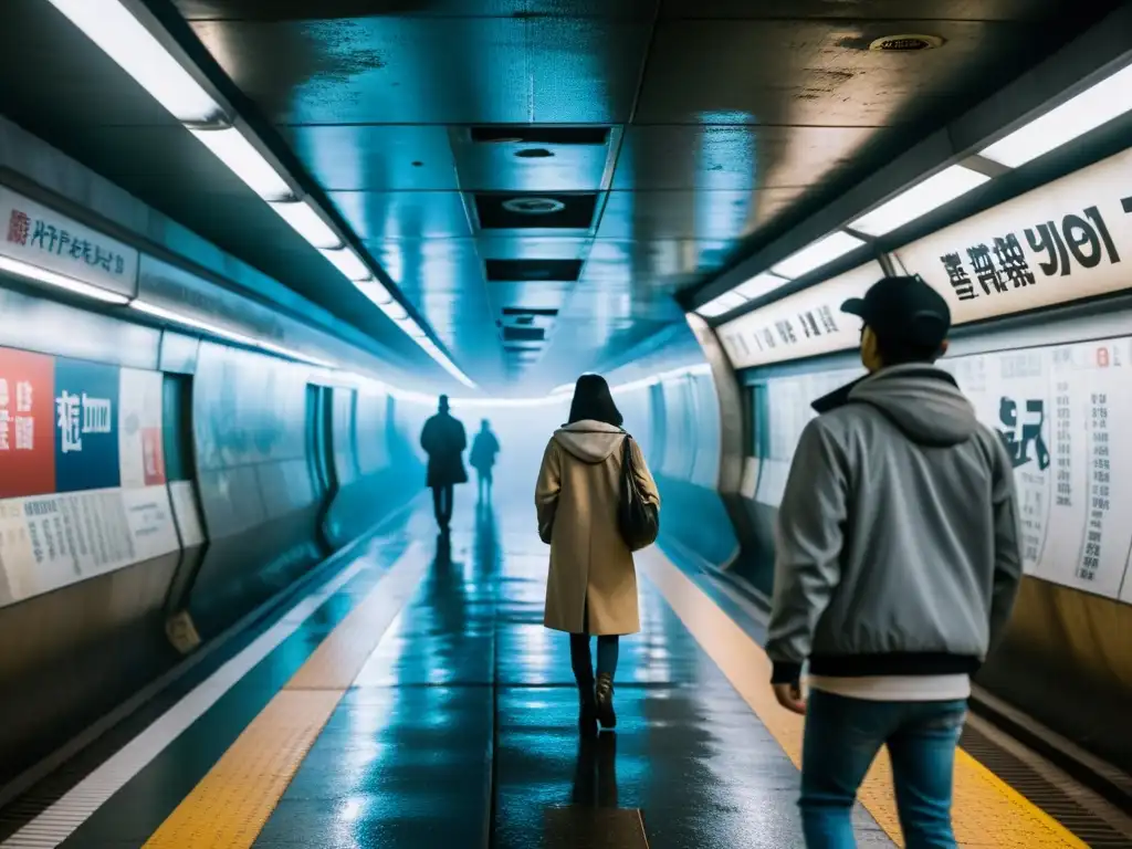 Figura misteriosa en túnel del metro de Shibuya En el túnel subterráneo de la estación de metro de Shibuya, una figura misteriosa se destaca entre la neblina, revelando la historia oculta y los fantasmas que acechan este enigmático lugar