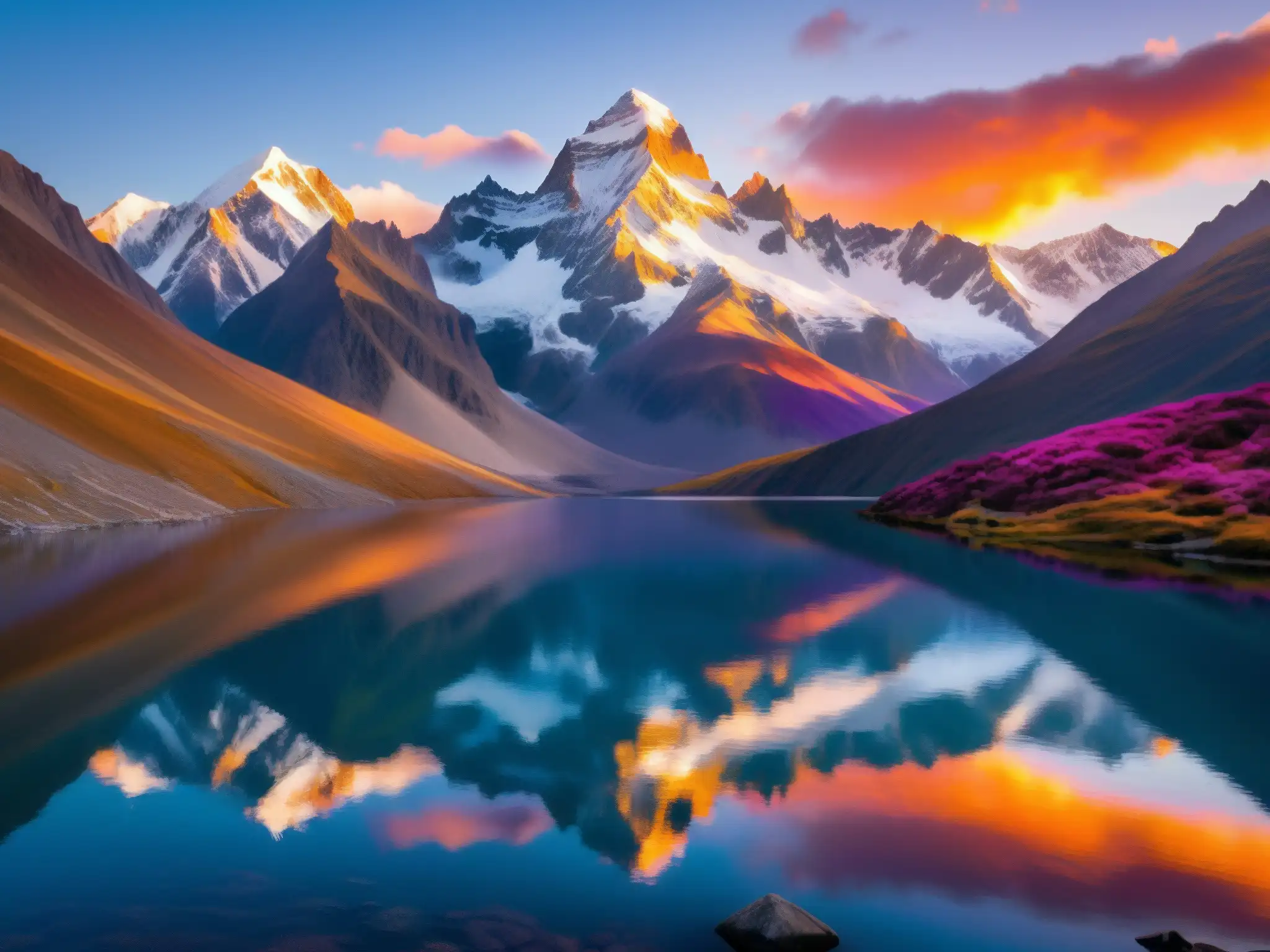 Puesta de sol dorada sobre los Andes: lago sereno y picos majestuosos Sueño premonitorio de los Andes: Atardecer dorado sobre majestuosas montañas nevadas y un lago sereno reflejando la belleza natural