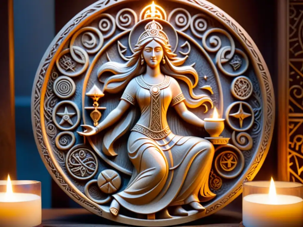 Escultura de madera de la diosa nórdica Frigg iluminada por velas Una talla de madera detallada de la diosa nórdica Frigg rodeada de símbolos antiguos y runas, iluminada por la luz de las velas