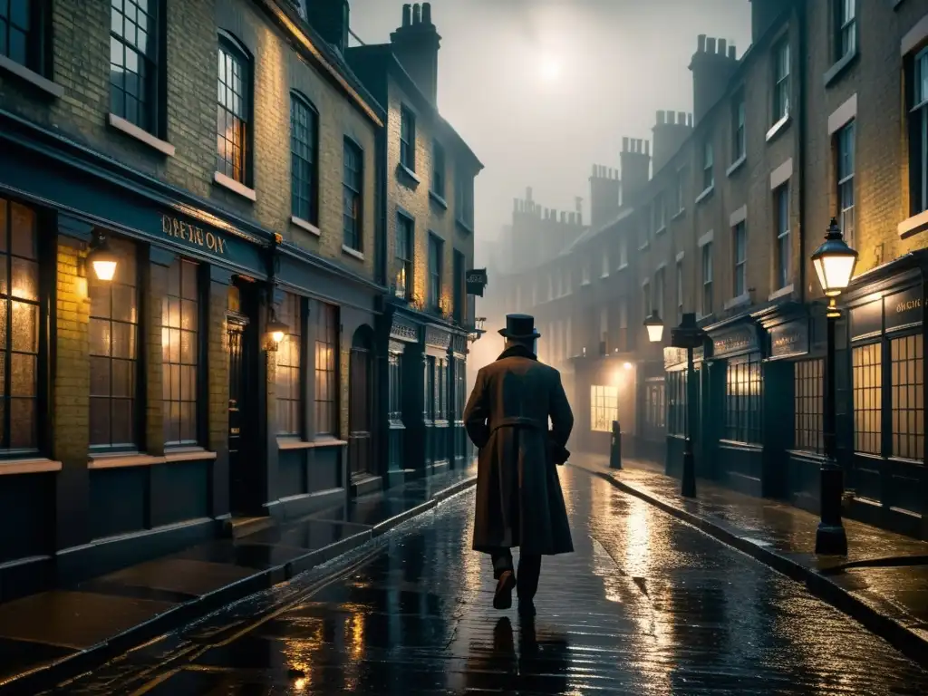 Misterioso acechador en las tenebrosas calles victorianas de Londres En las tenebrosas calles de Londres victoriano, una figura oculta añade un toque siniestro a la atmósfera