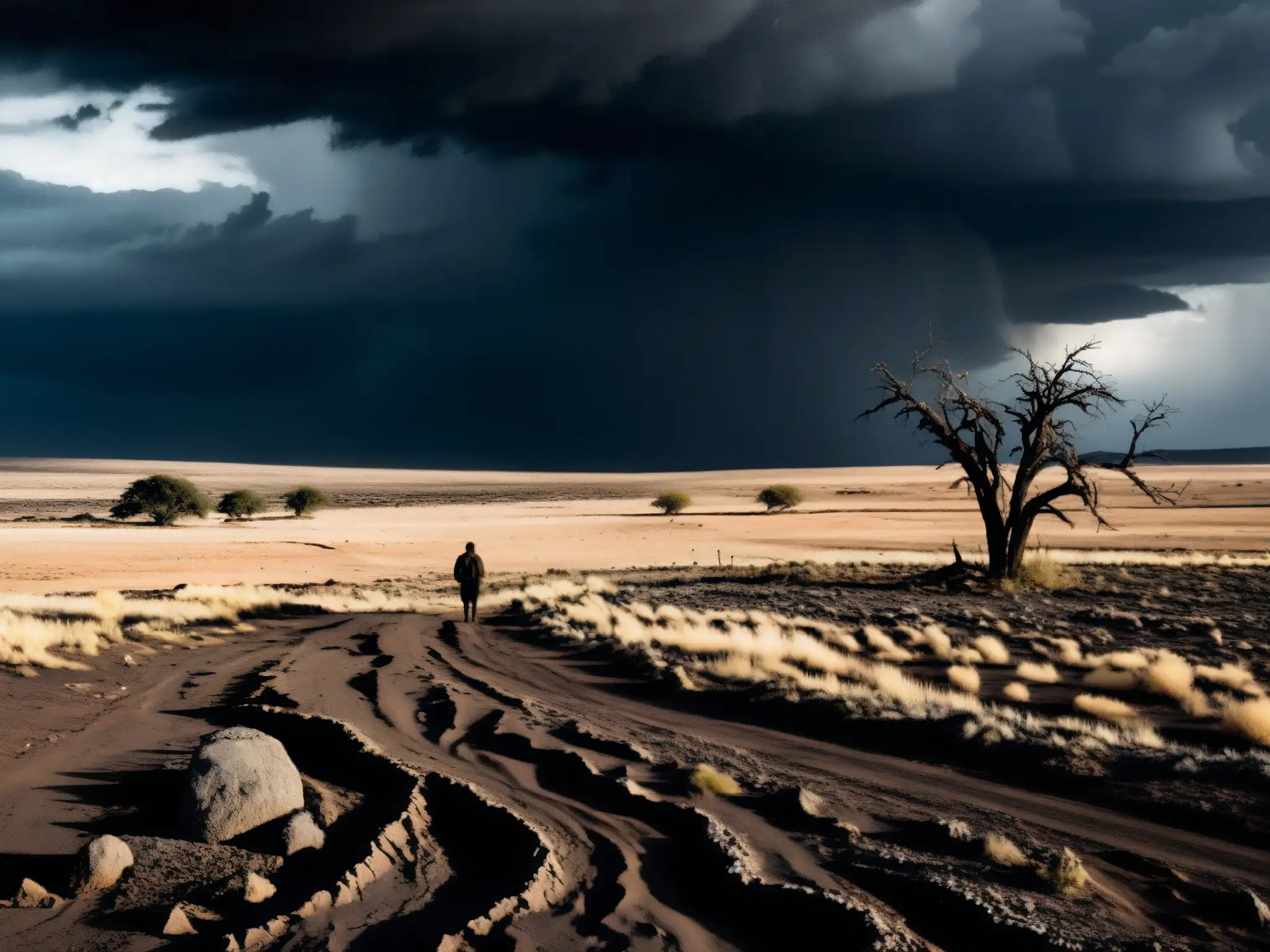 Una tierra desolada y tormentosa, con nubes oscuras y árboles retorcidos