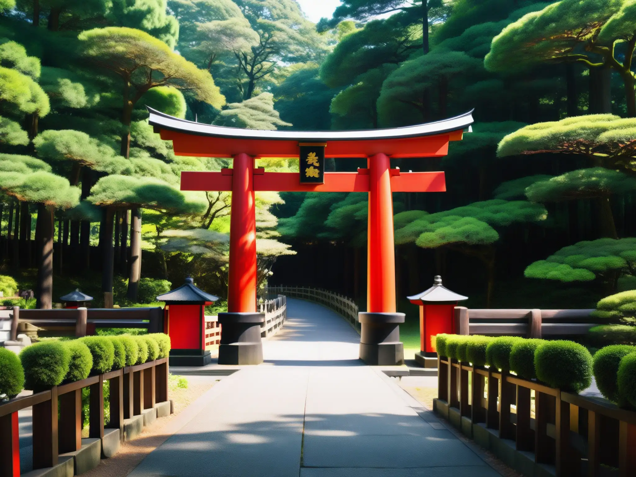 Torii de madera tallada en el Santuario Inari El torii de madera tallada en el santuario Inari, rodeado de exuberante vegetación