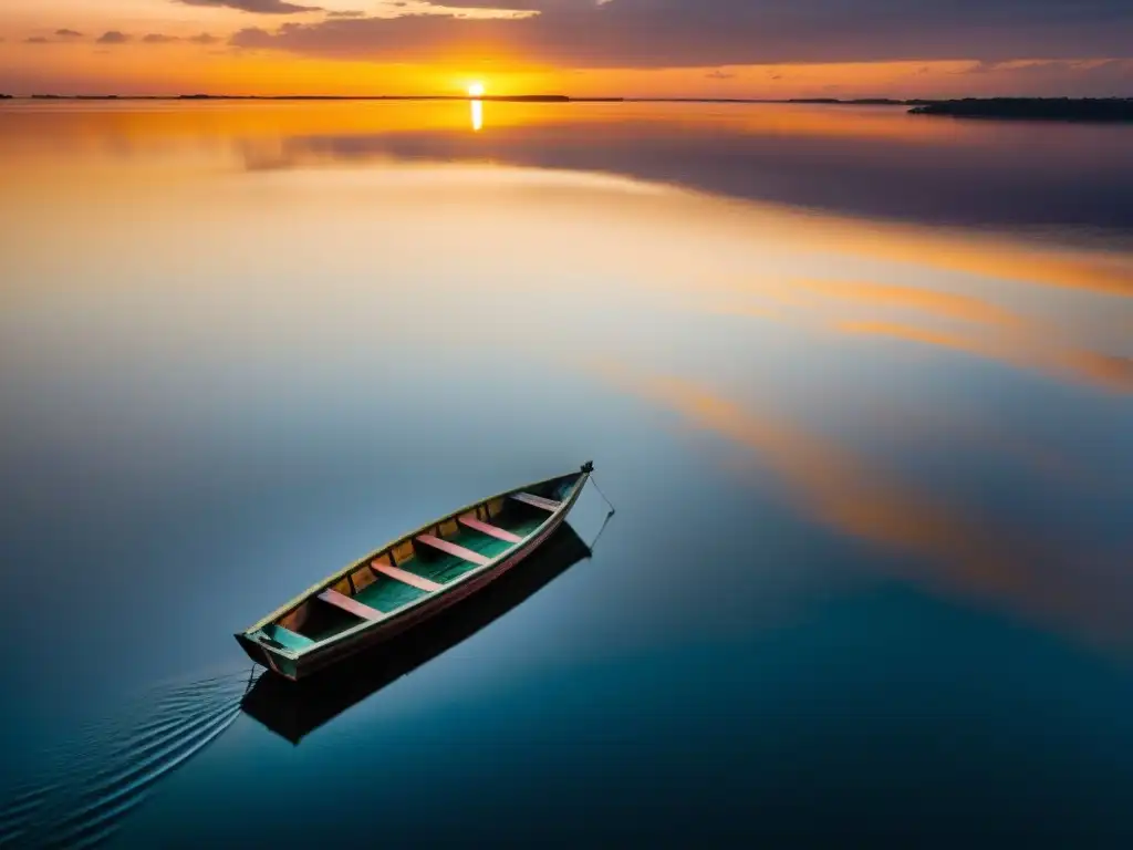 Paisaje sereno: Atardecer en el lago Volta con barca pesquera Tranquilo atardecer en el lago Volta Ghana con barca pesquera, reflejos dorados y serena belleza natural