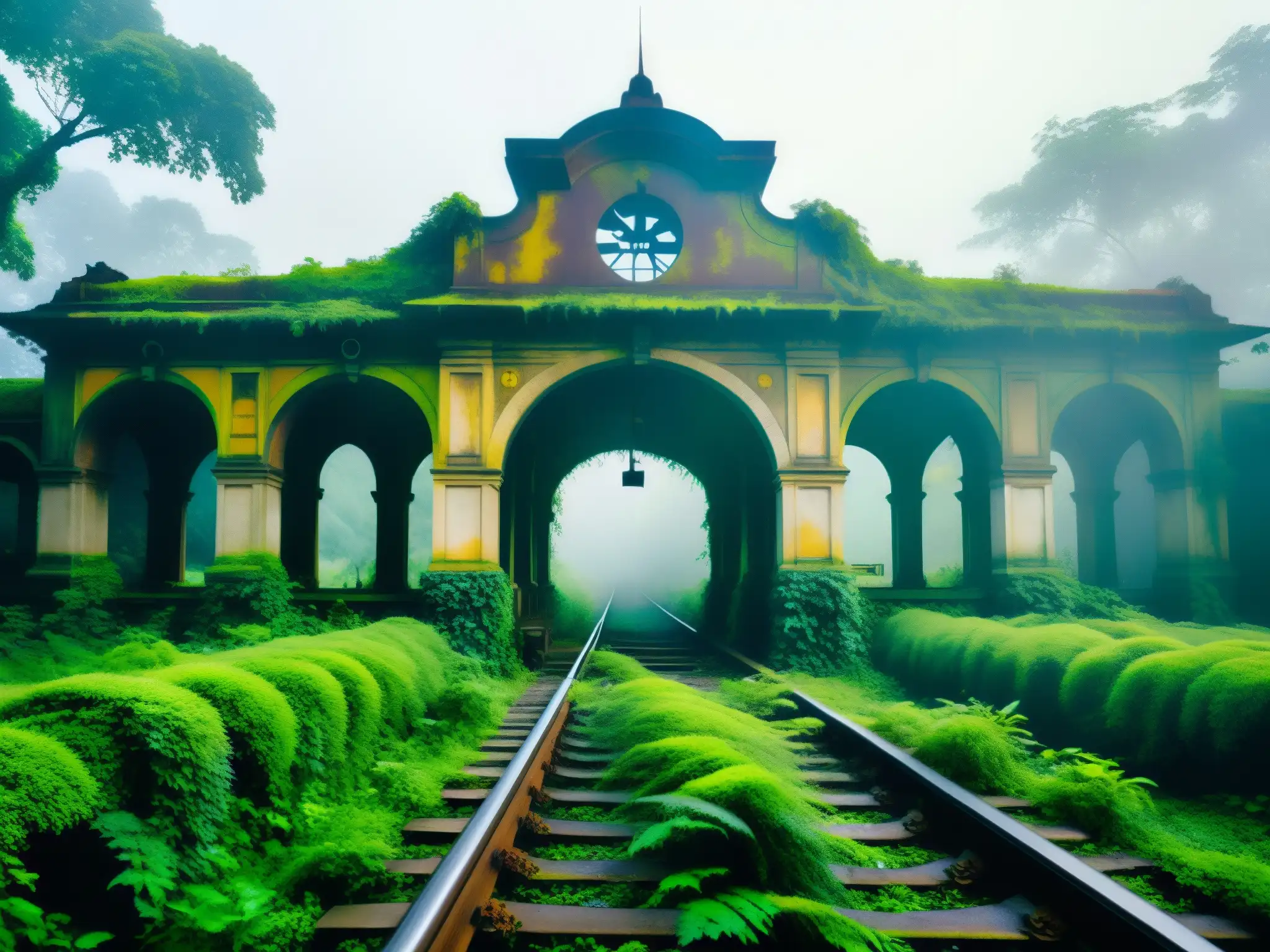 Estación abandonada en la jungla de Bengala: misterio y belleza Estación de tren abandonada en la misteriosa jungla de Bengala, cubierta de enredaderas y musgo