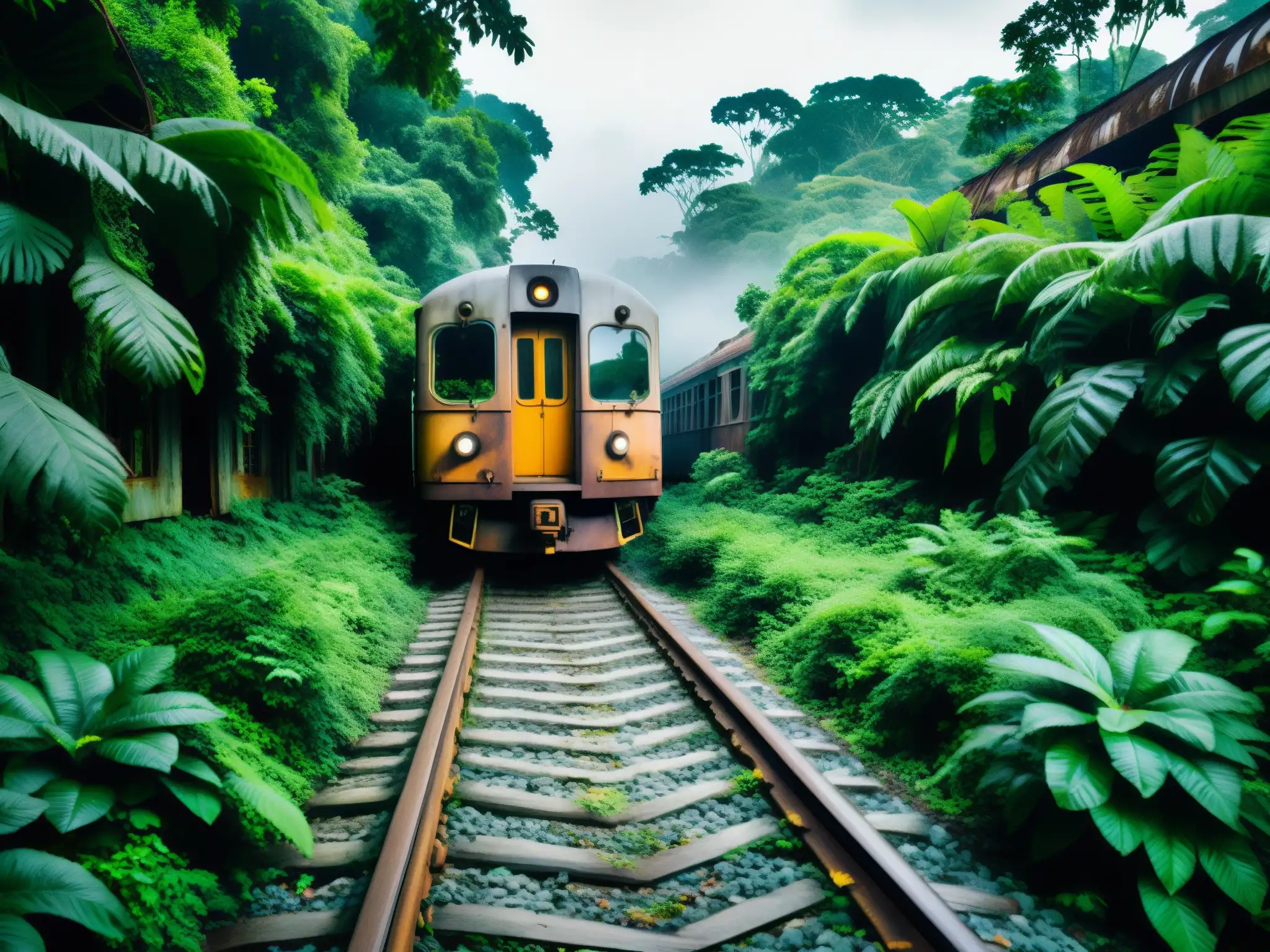Viejo tren abandonado en la jungla Un tren abandonado en la selva, envuelto en niebla y misterio