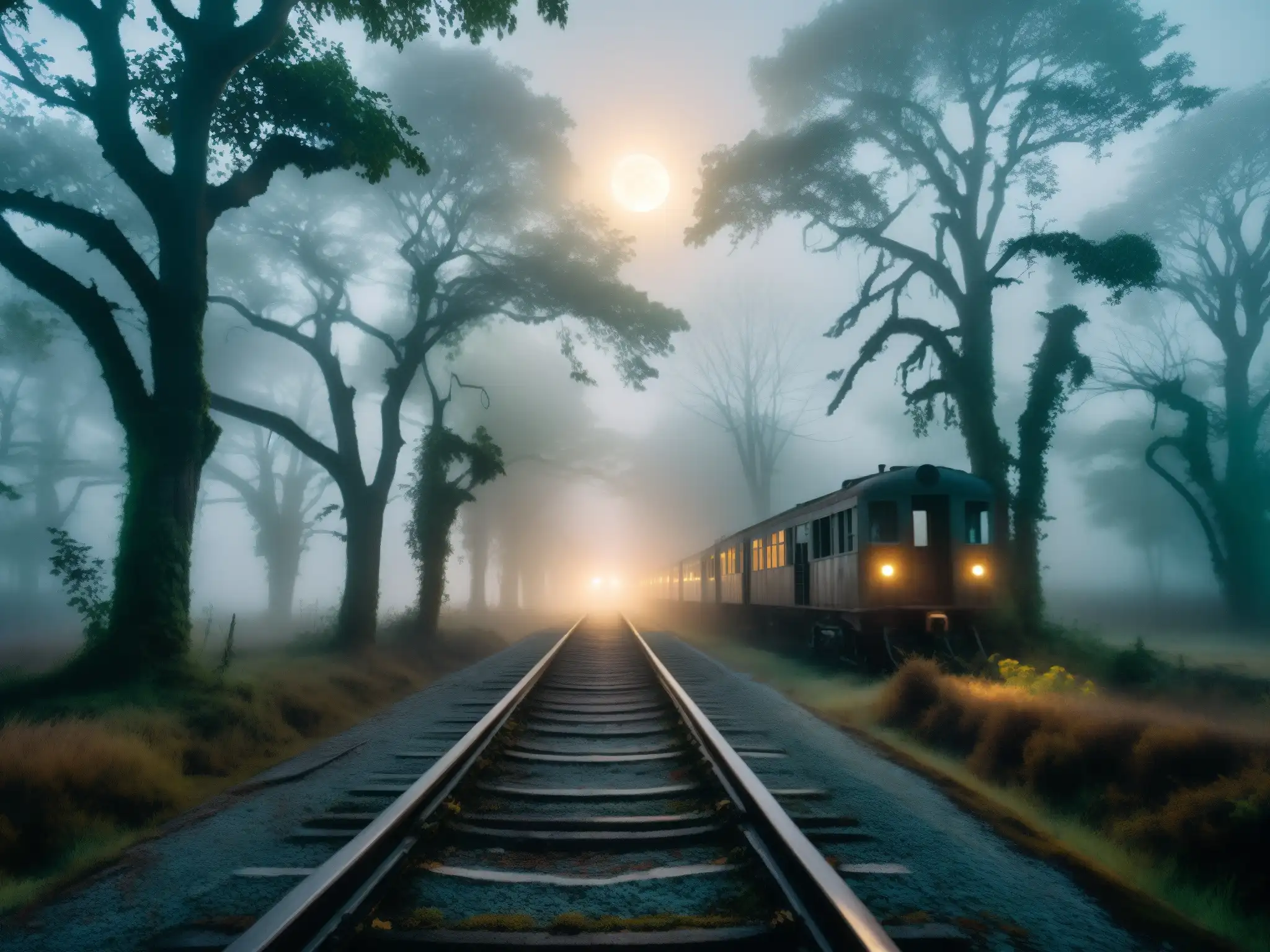 Viejo ferrocarril abandonado en un bosque neblinoso y misterioso Trenes Fantasma de Bengal: Bosque brumoso y abandonada vía férrea, evocando misterio y nostalgia