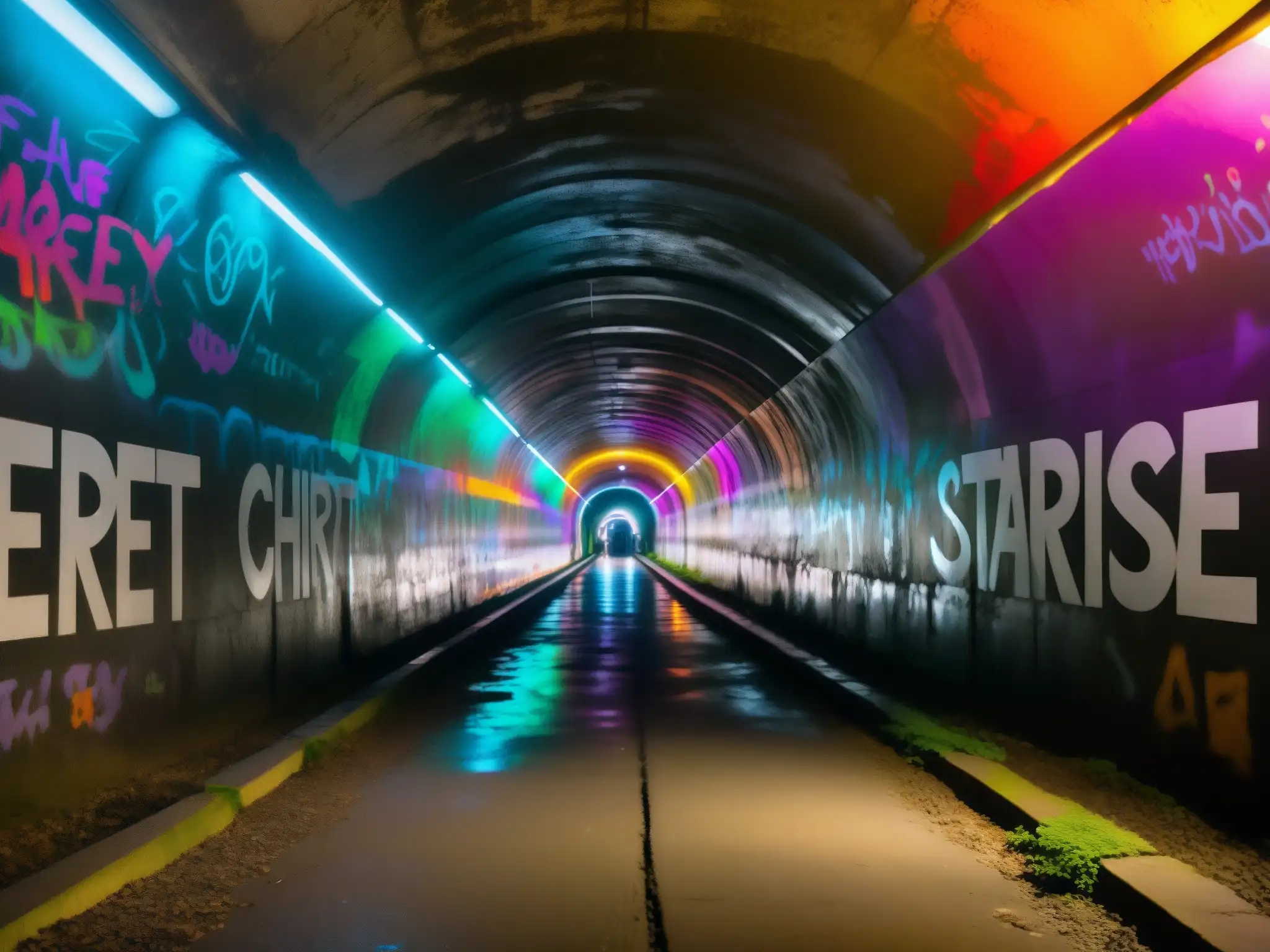 Un túnel estrecho y sombrío con grafitis coloridos de figuras fantasmagóricas