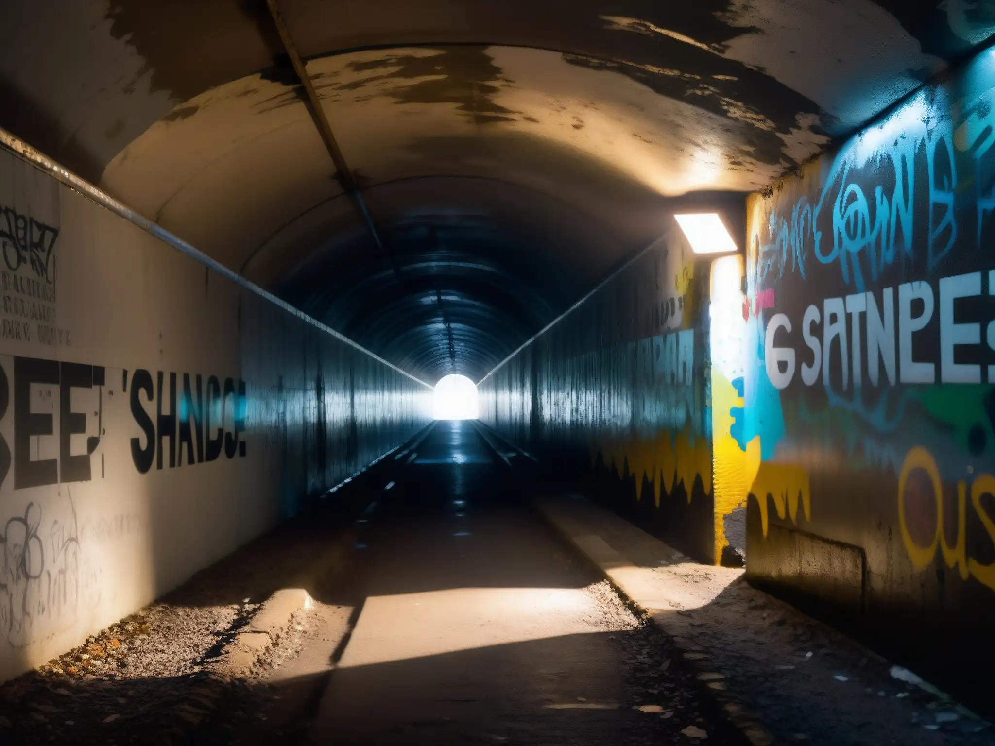 Un túnel estrecho y tenue se extiende en la distancia, con grafitis y pintura descascarada en las paredes