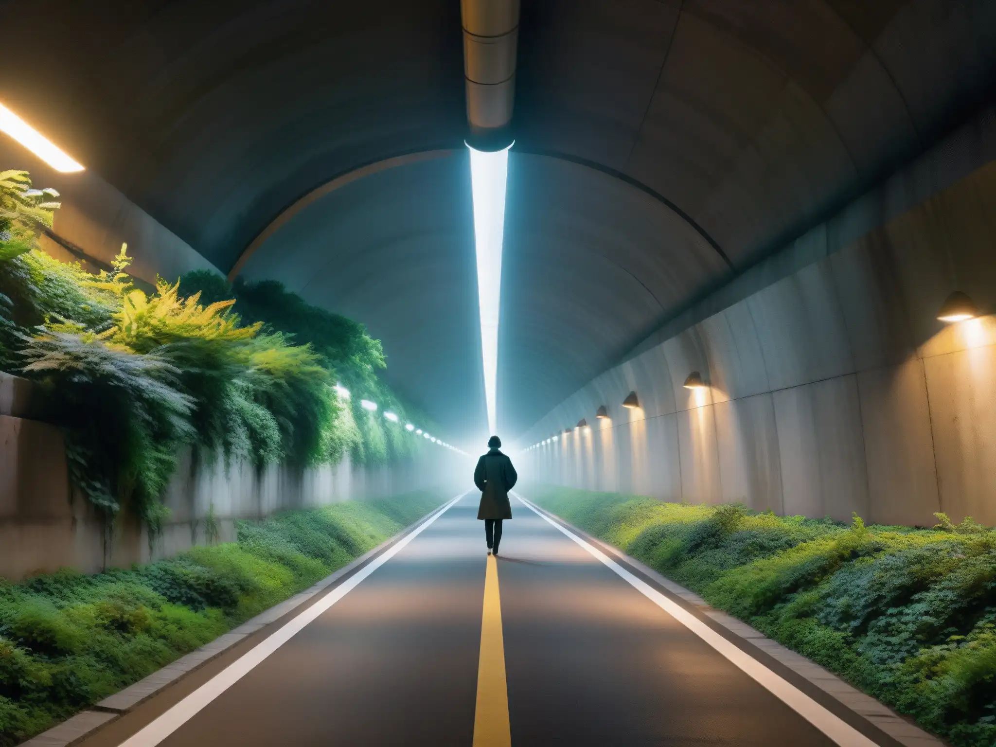 Un túnel Haenggung en Corea, la leyenda urbana cobra vida con la misteriosa figura y la atmósfera de neblina al anochecer