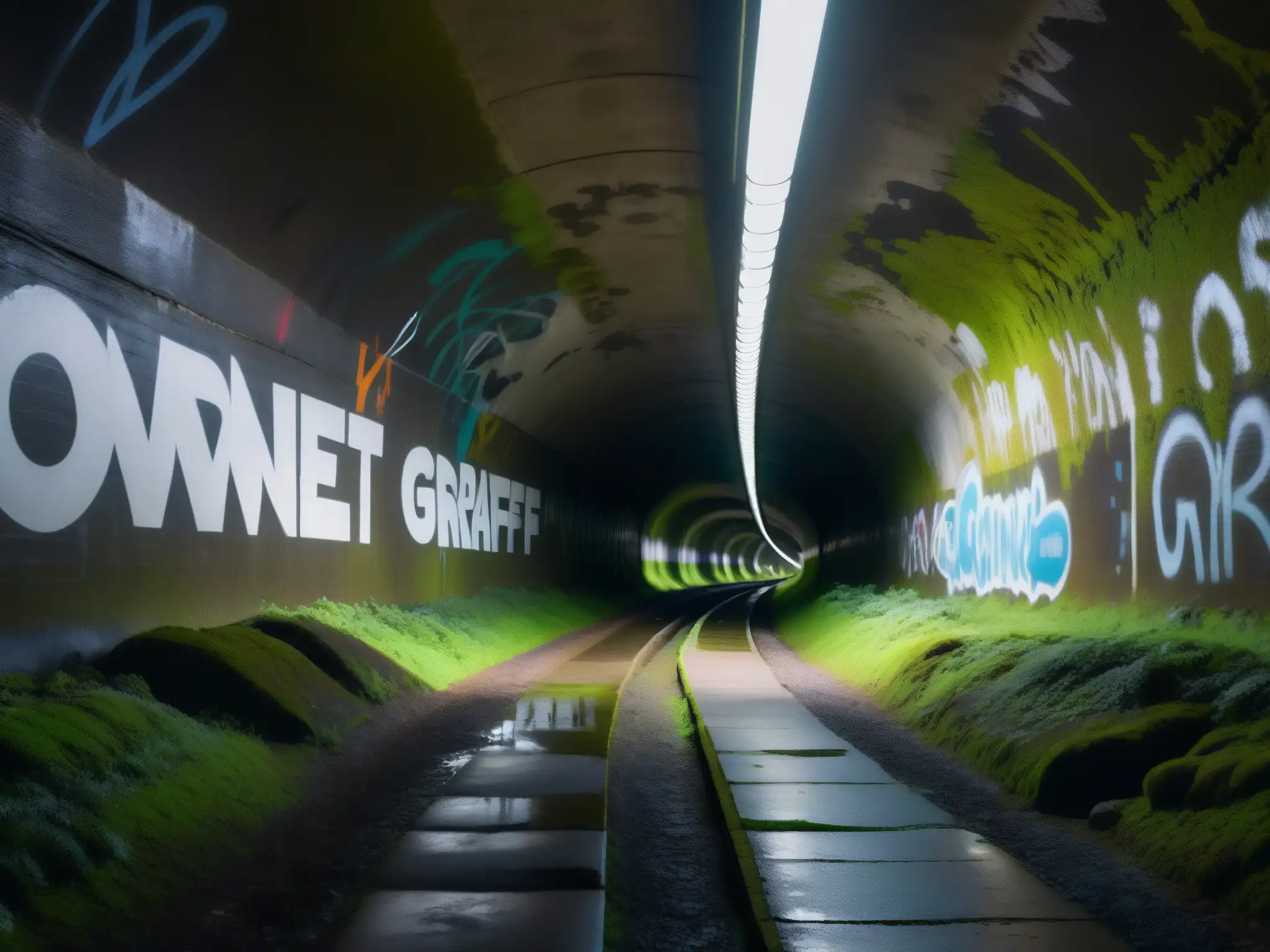 Un túnel oscuro y misterioso con grafitis y musgo, creando una atmósfera intrigante en la leyenda urbana del túnel Haenggung en Corea