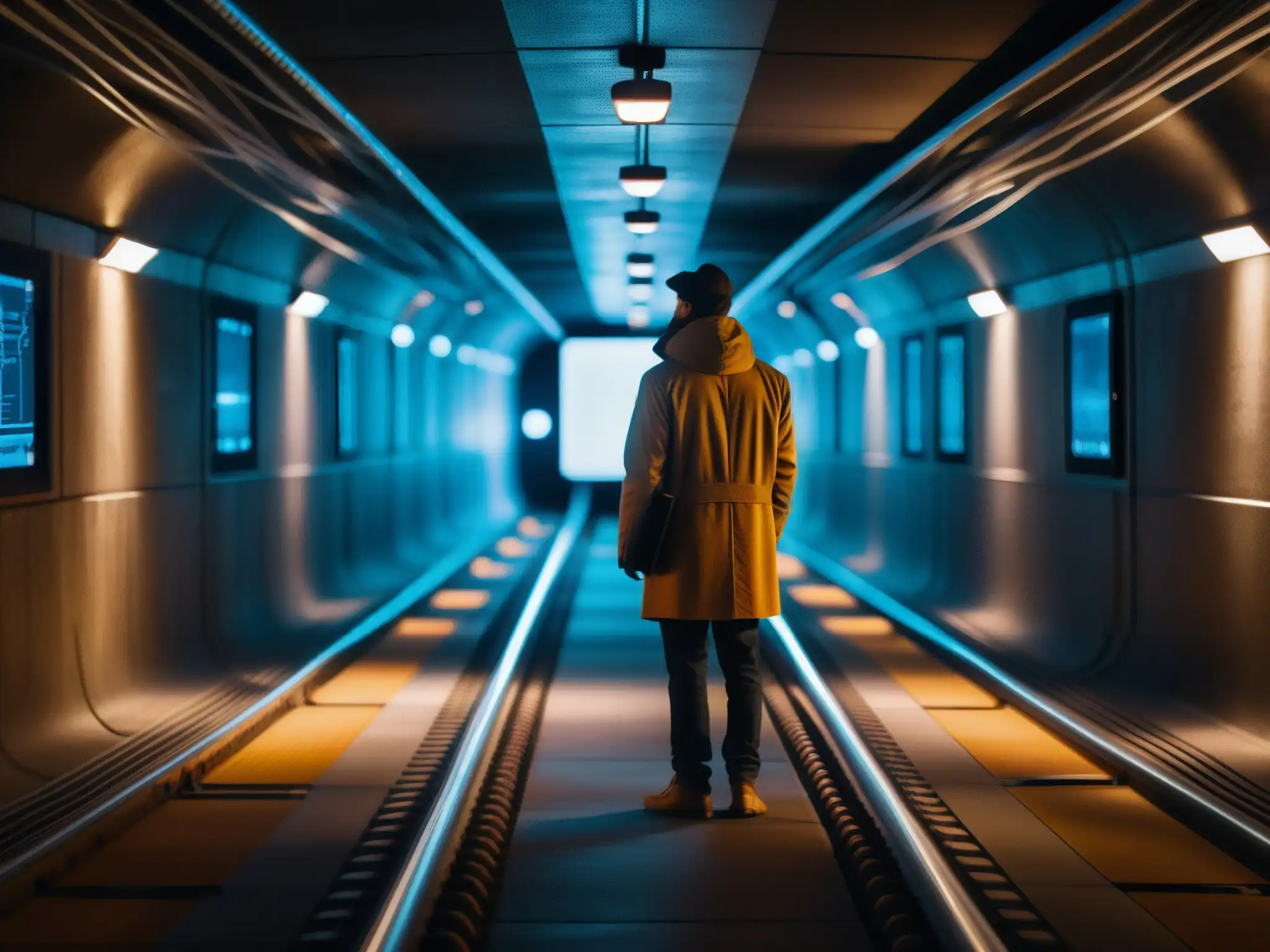 Misterioso túnel subterráneo con figura en la distancia En un túnel subterráneo con una luz tenue, una figura rodeada de pantallas y cables, zonas ocultas de internet existen