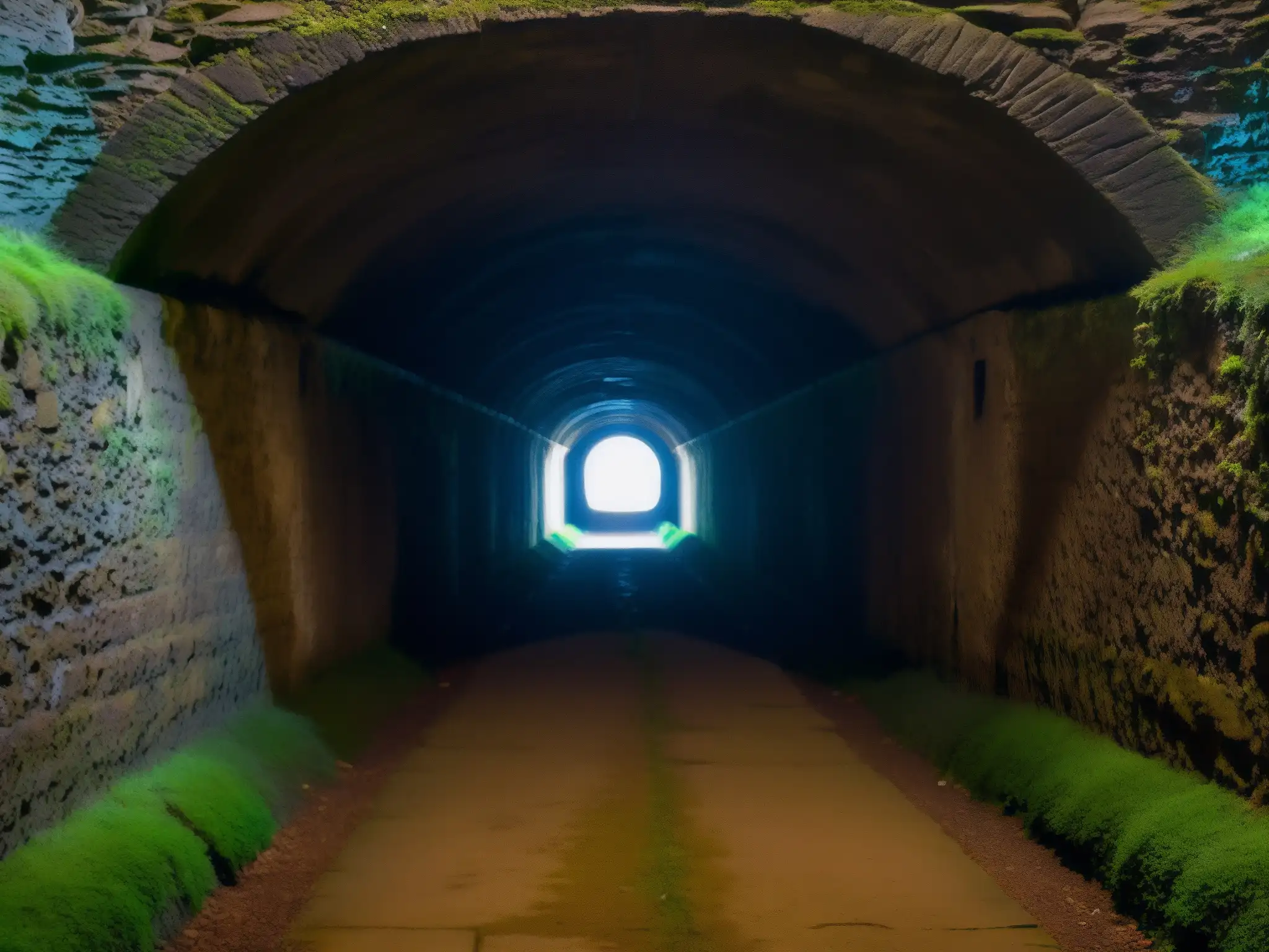 Antiguo túnel subterráneo con misteriosa atmósfera de sombras y misterio Un túnel subterráneo misterioso en Shimla, con paredes cubiertas de musgo y sombras inquietantes, creando una atmósfera de misterio