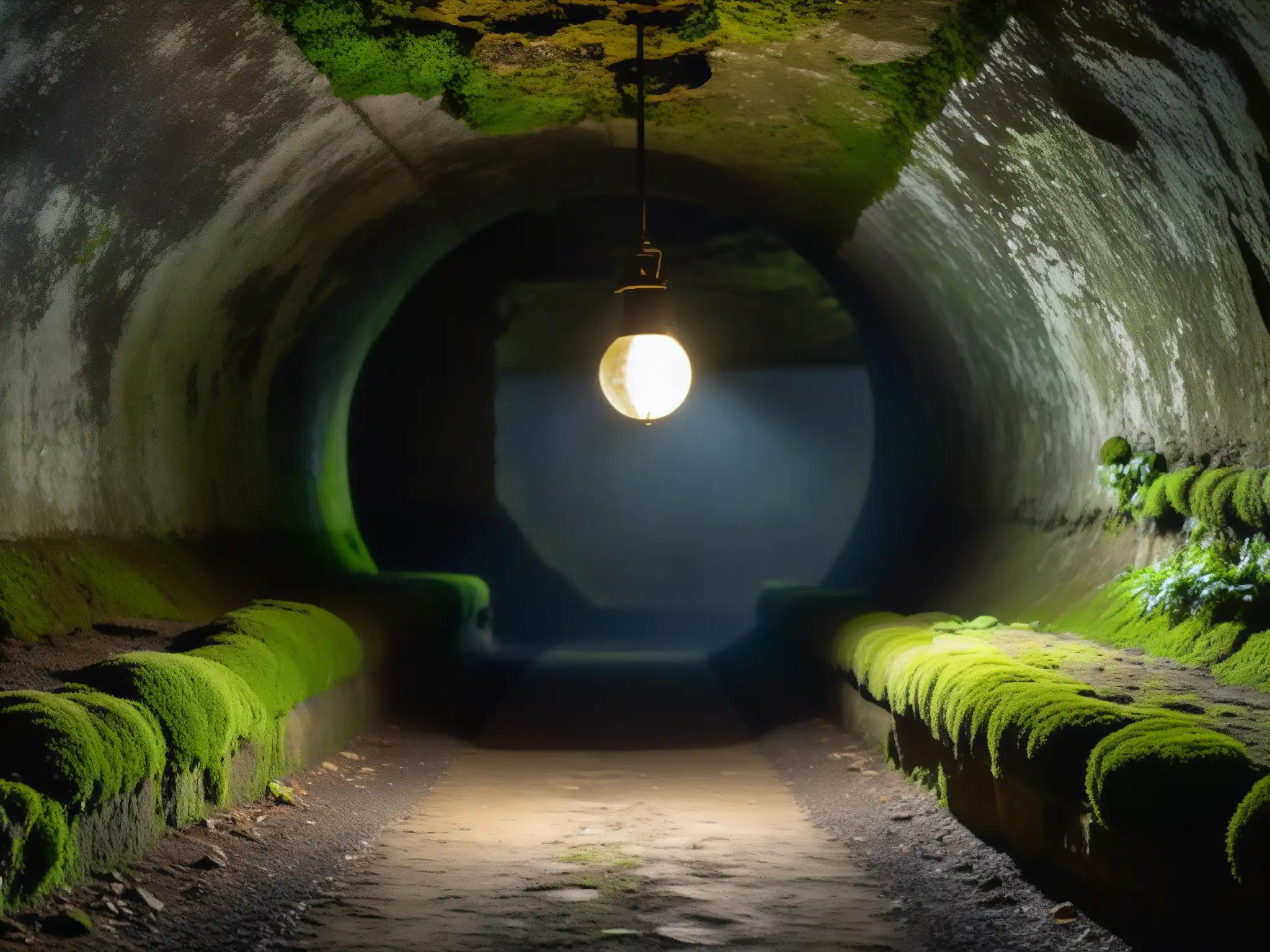 Misterioso túnel iluminado por una linterna en la oscuridad profunda Un túnel subterráneo en penumbra, iluminado por una linterna, revela misteriosas sombras y el paso del tiempo
