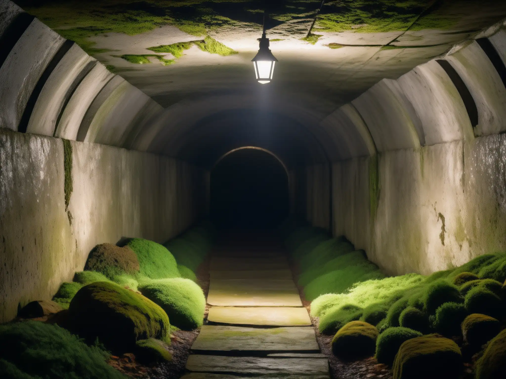 Explorando el misterioso túnel subterráneo Un túnel subterráneo en penumbra, con paredes de musgo y telarañas, iluminado por linternas titilantes