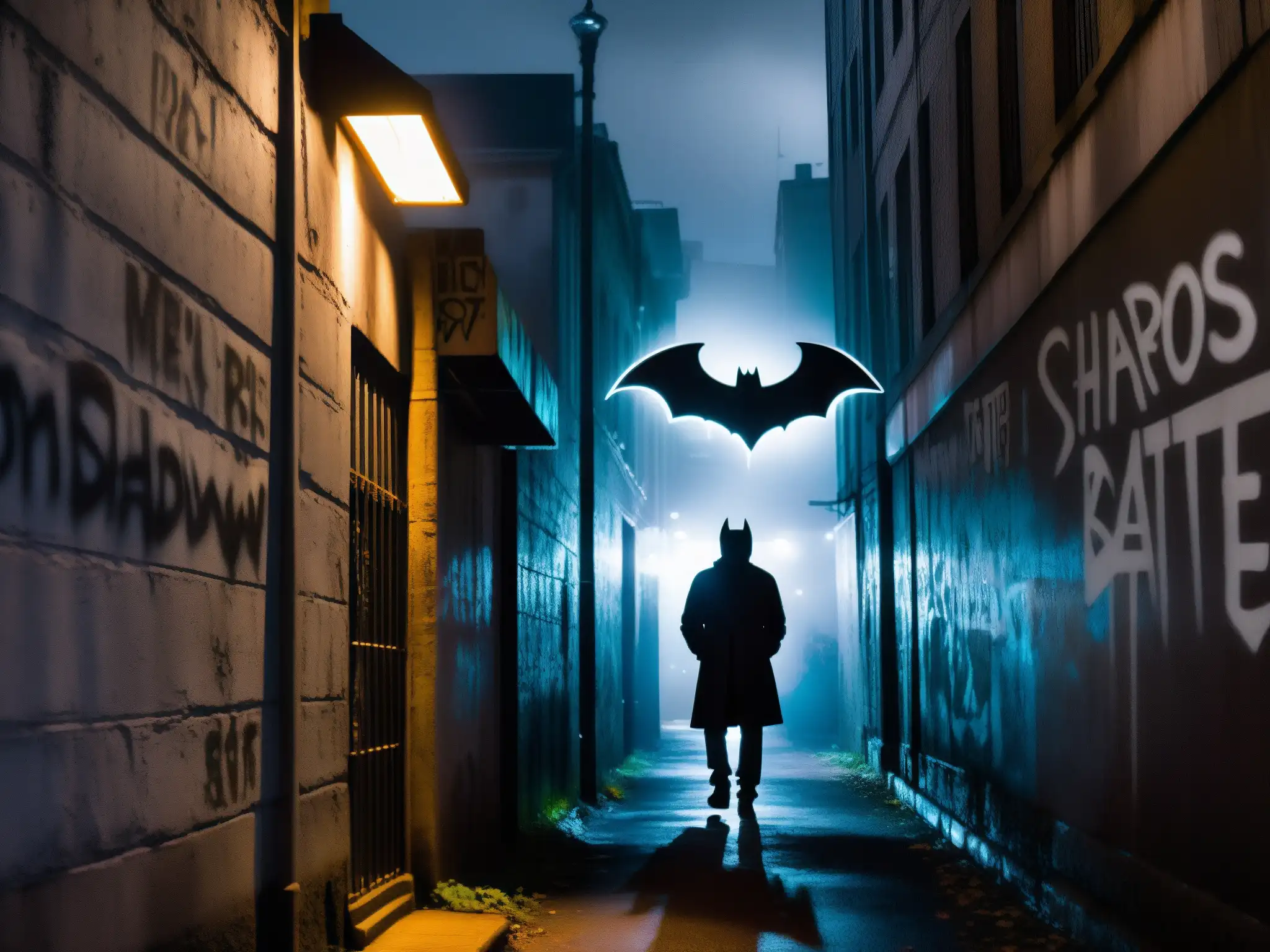 Alleyway of the Urban Vampires: Misterio y Peligro en la Ciudad Alley urbano oscuro con siluetas de murciélagos y misteriosa figura