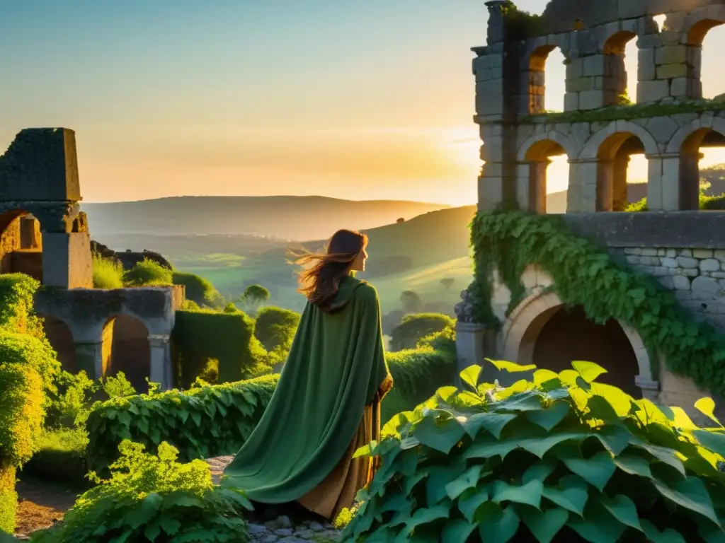 Dama de Arintero: Ruinas doradas y valentía femenina Una valiente mujer contempla las ruinas de Arintero al atardecer, en la leyenda medieval de la Dama de Arintero