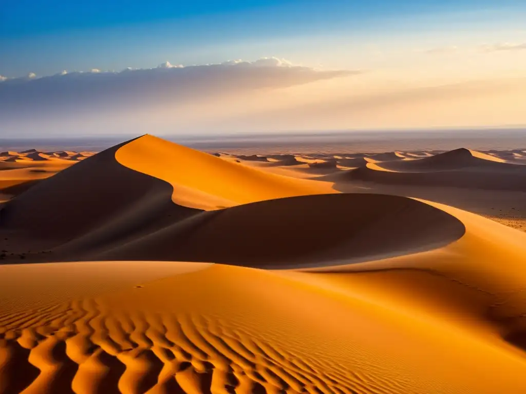 Zerzura: Misterio y Belleza del Desierto Vasta extensión del Sahara, dunas de arena dorada, cielo azul y ruinas misteriosas de la Ciudad Perdida Zerzura