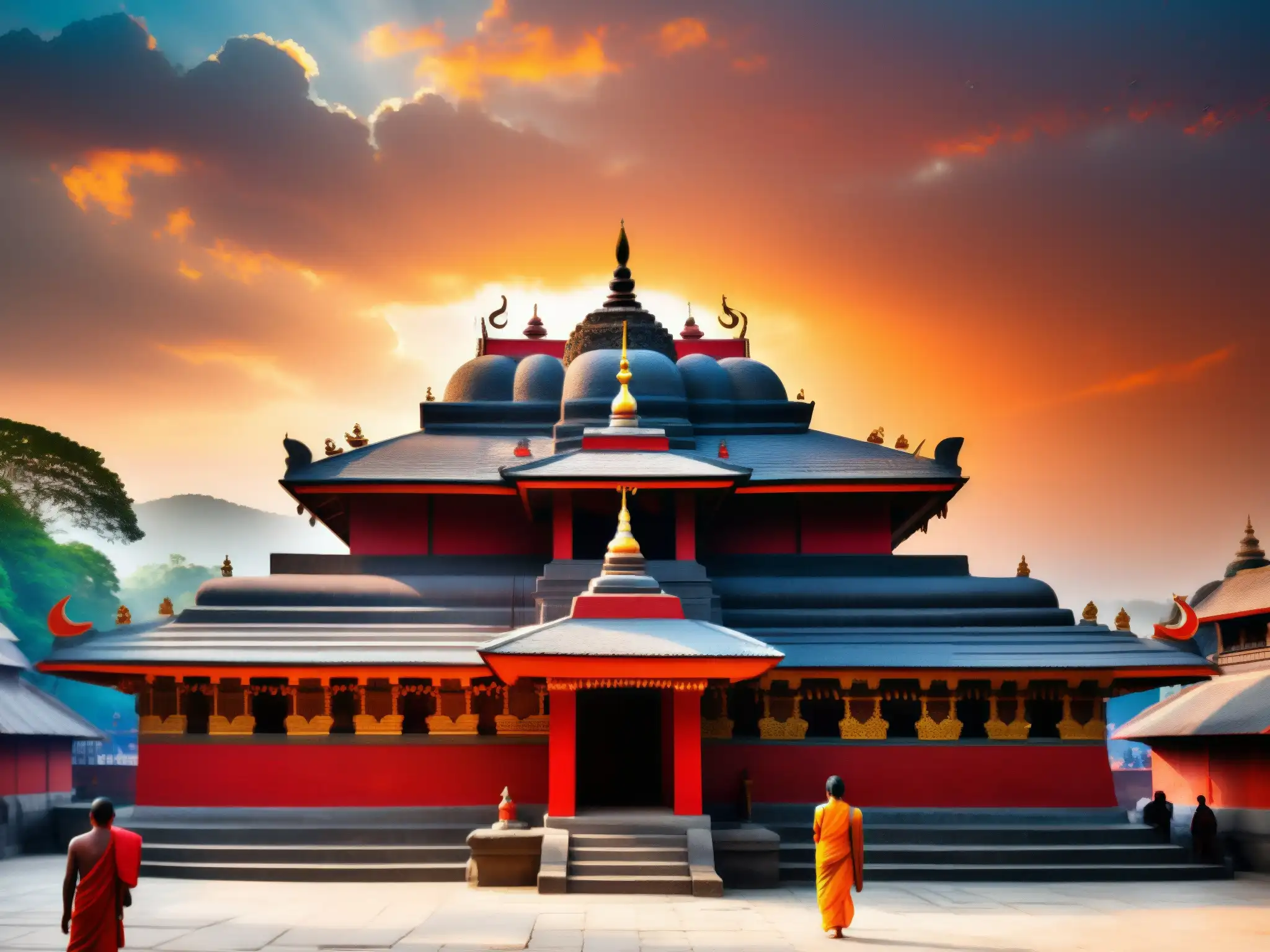 Vibrante escena de rituales en el templo Kamakhya Devi, con intrincadas tallas y colores, envuelta en humo de incienso y misticismo antiguo