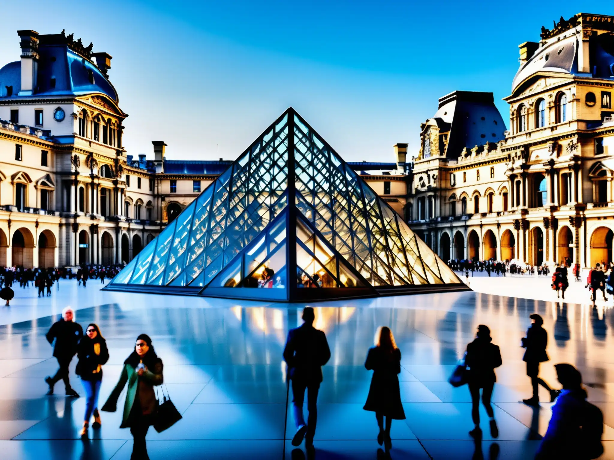 Vibrante imagen del interior del Louvre con la pirámide de vidrio y visitantes admirando obras de arte, evocando la verdad sobre el Priorato de Sión