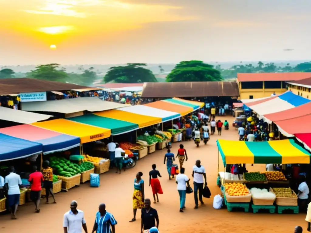 Mercado vibrante en Accra, Ghana: colores, productos y vida callejera Un vibrante mercado en Accra, Ghana, con puestos coloridos vendiendo productos diversos