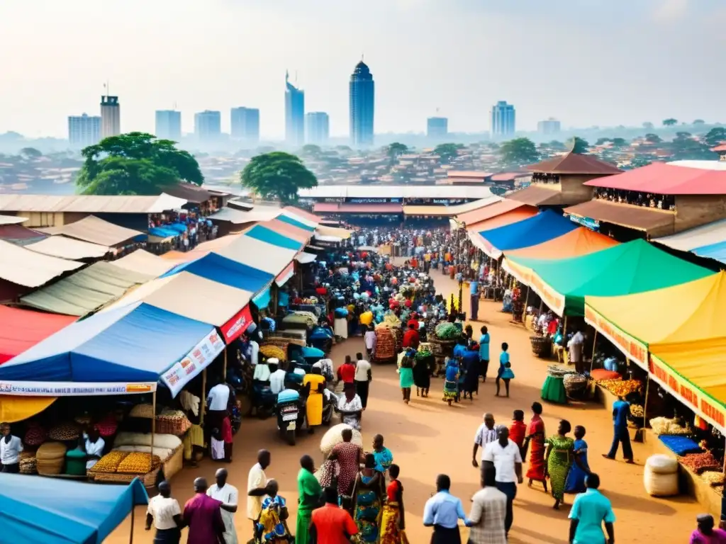 Vibrante mercado de Kumasi con puestos coloridos y una multitud diversa, simbolizando la tradición y el progreso en la ciudad