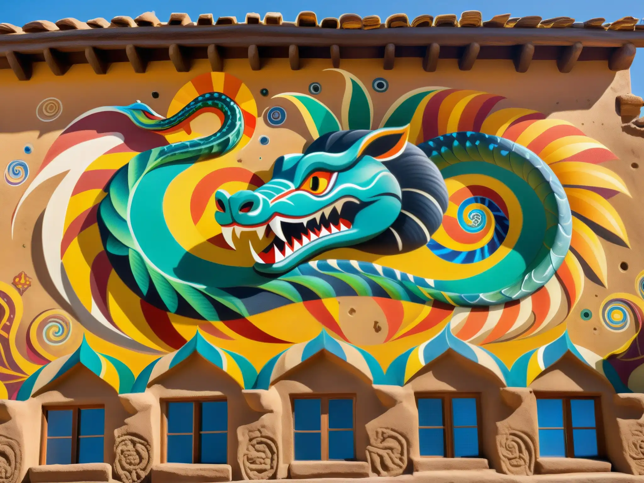 Vibrante mural en adobe muestra la serpiente de siete cabezas y escenas de creencias mitológicas