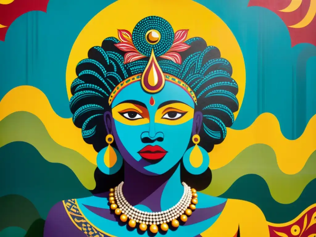 Mural de Mami Wata: Colores vibrantes y misticismo en Accra Vibrante mural de la legendaria Sirena Mami Wata en Accra, Ghana, con colores intensos y patrones detallados que capturan su mística