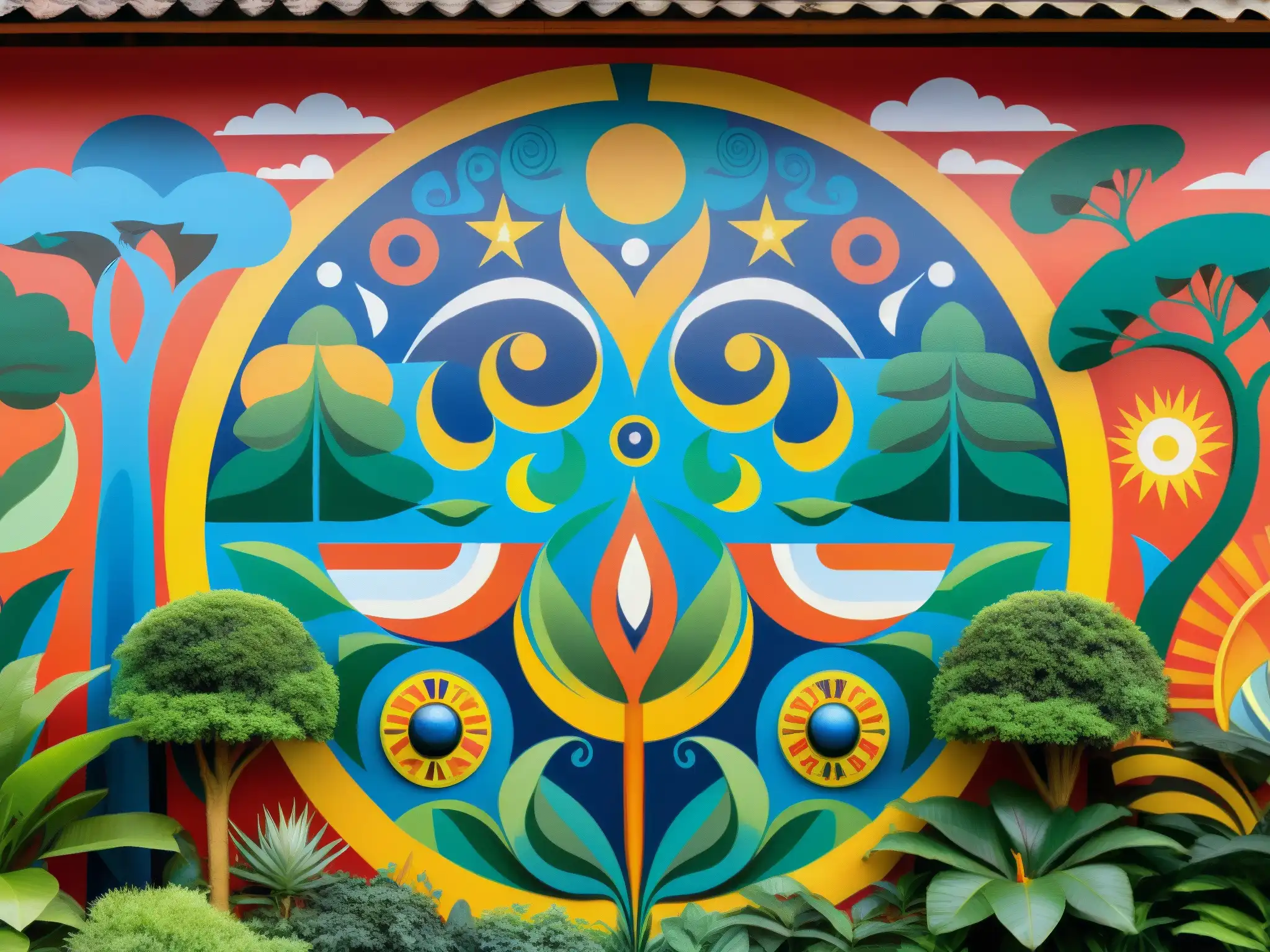 Mural místico de la creación guaraní: Tupã y la maravilla Vibrante mural del mito de la creación guaraní, con detalles de Tupã creando el mundo y la gente, rodeado de exuberante naturaleza y fauna colorida