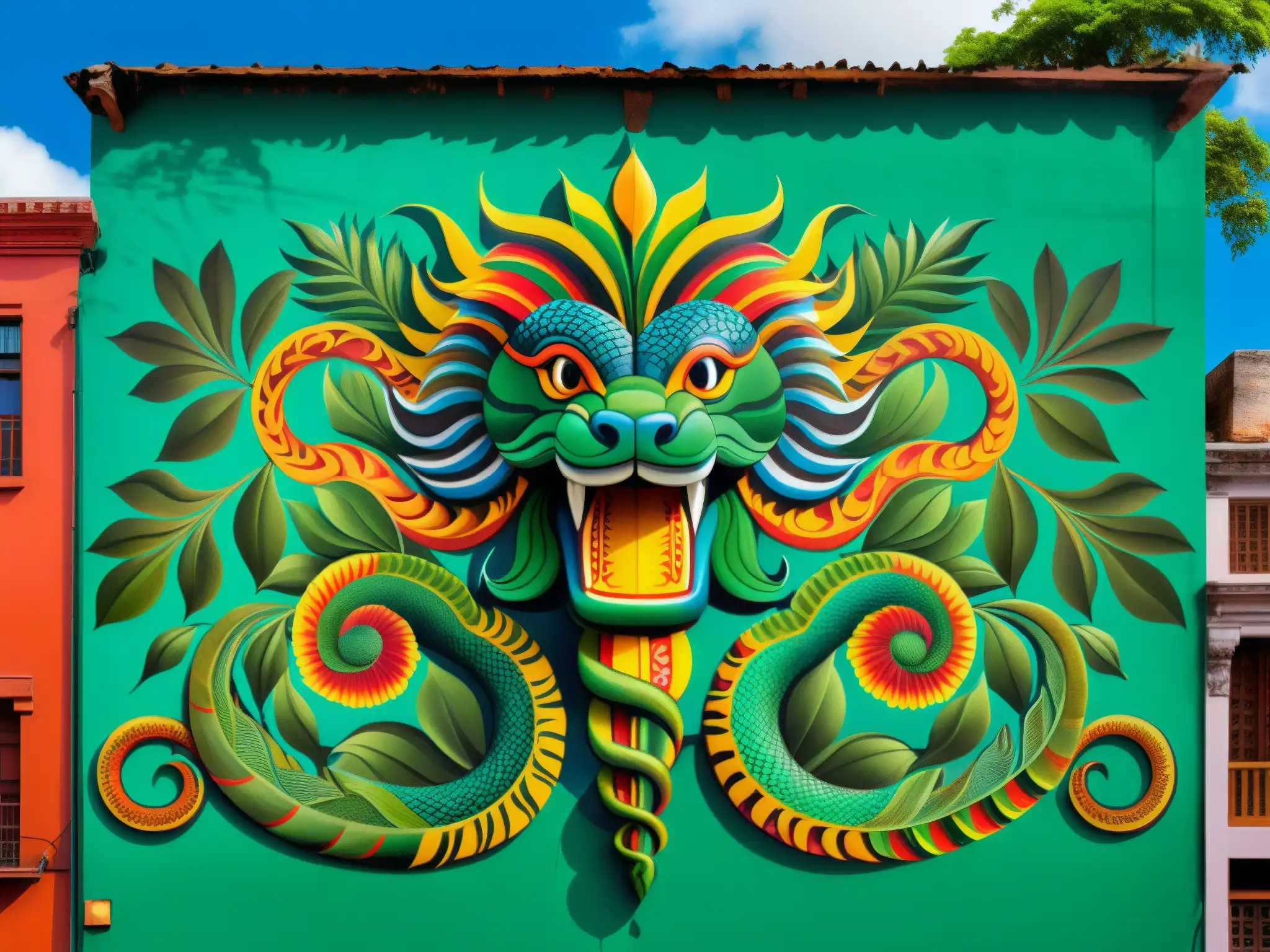 Vibrante mural con serpiente de siete cabezas y creencias mitológicas en ciudad sudamericana