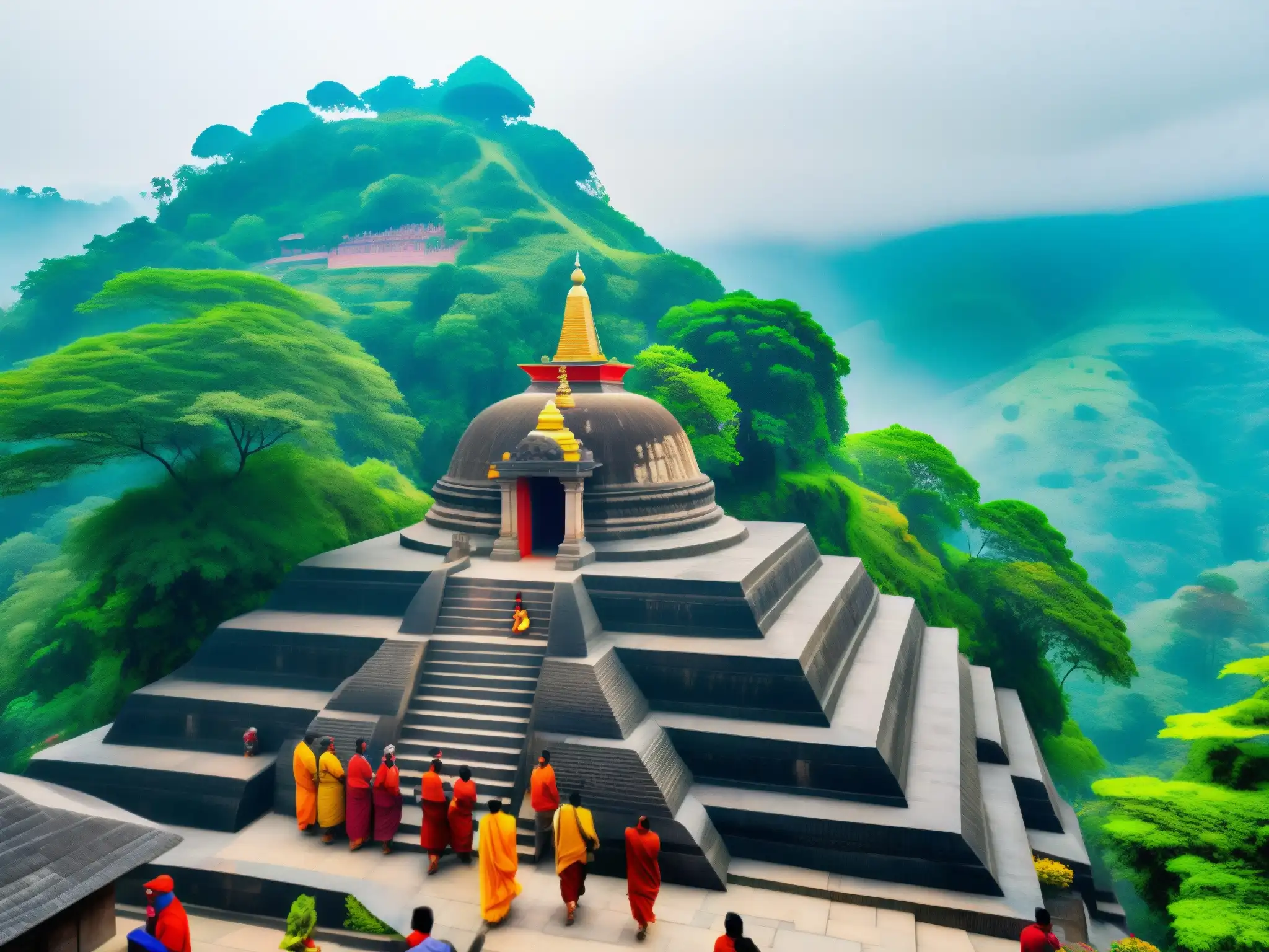 Vibrante paisaje del templo Kamakhya Devi, con peregrinos ascendiendo las escaleras en coloridos atuendos para realizar rituales sagrados