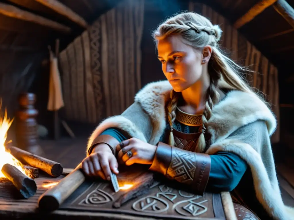 Vidente vikinga lanzando runas en cámara ahumada Una vidente vikinga lanza runas en una cámara misteriosa con artefactos y huesos inscritos