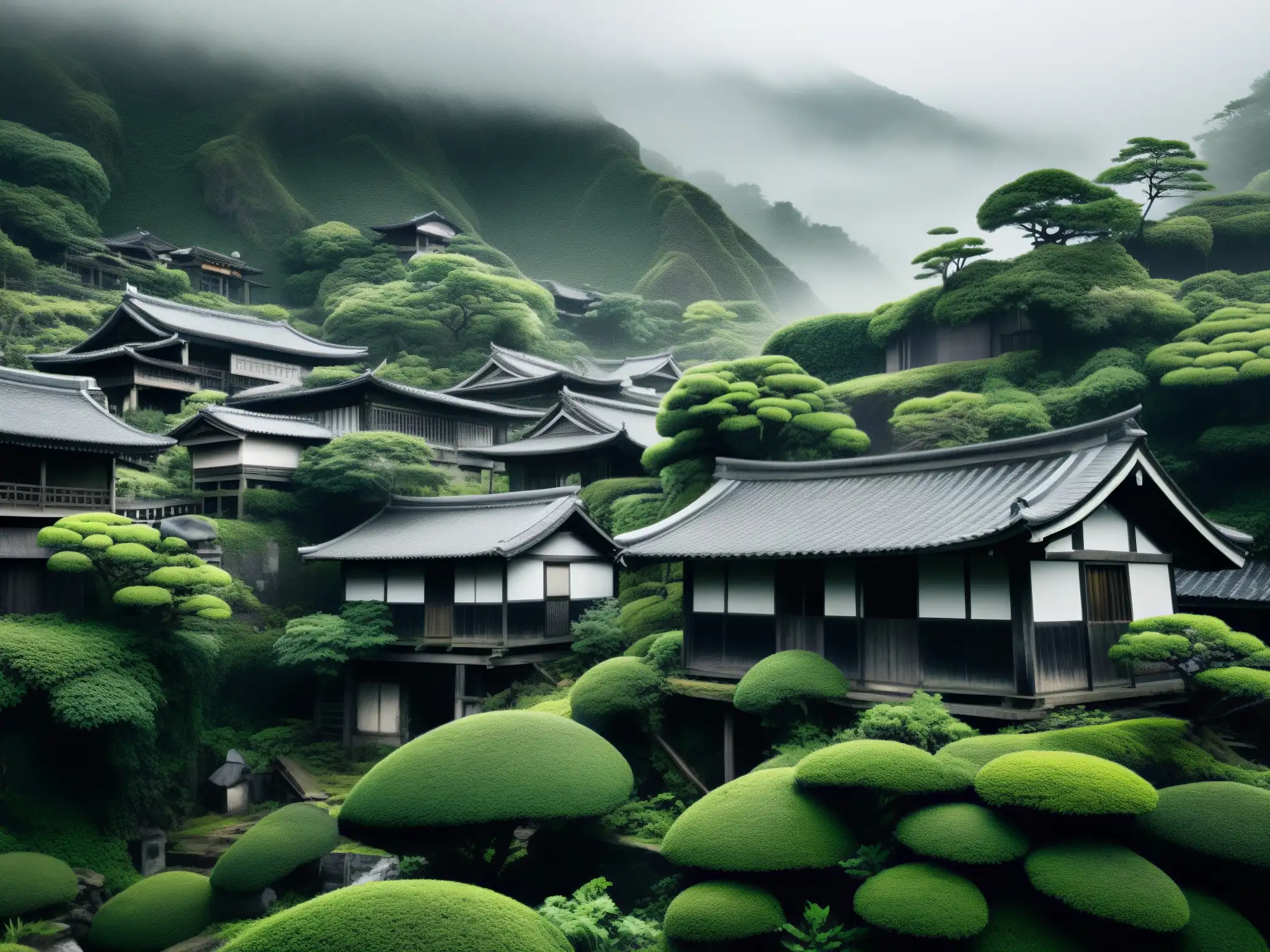 Vieja aldea japonesa abandonada en la montaña, con neblina y vegetación exuberante