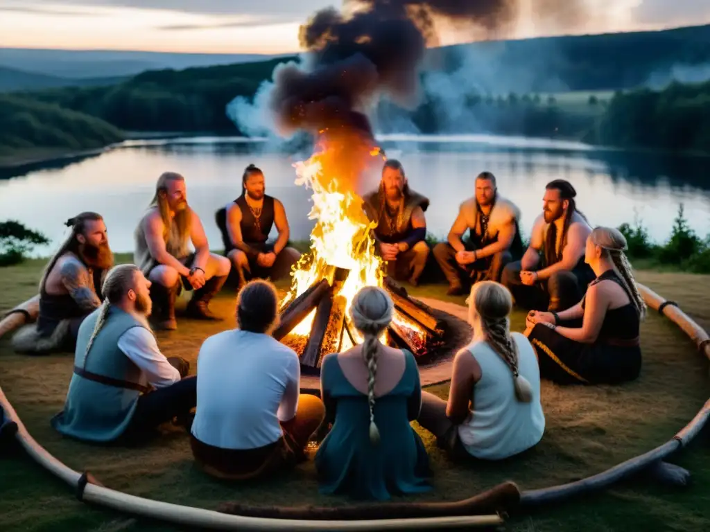 Ritual de Seidr: Invocando a los dioses nórdicos en la noche Práctica de hechicería vikinga Seidr alrededor de la fogata, invocando deidades nórdicas en un bosque místico