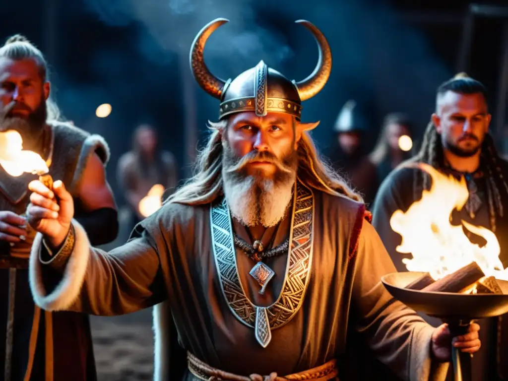 Vikingo invocando espíritus en ritual de Seidr Hechicería vikinga práctica Seidr: Un chamán vikingo realiza un ritual en un entorno atmosférico con antorchas