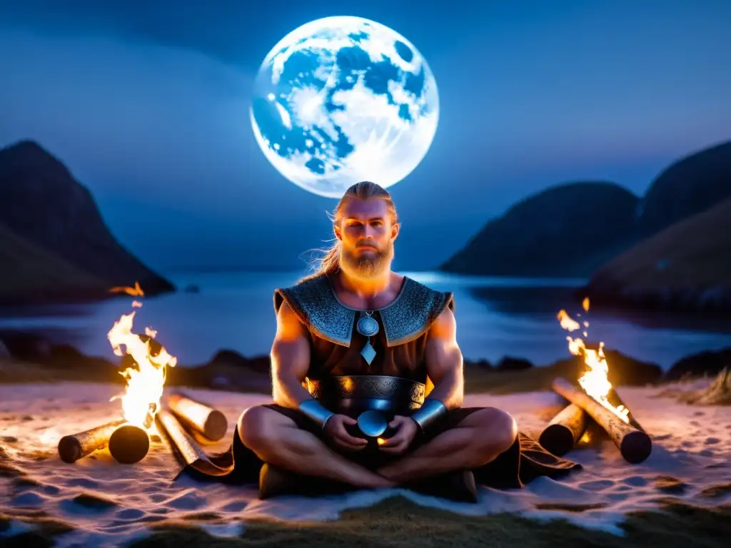 Viking en trance: práctica ancestral de Seidr bajo la luna llena Un vikingo practicante de Seidr en trance, rodeado de antorchas y la luz de la luna llena