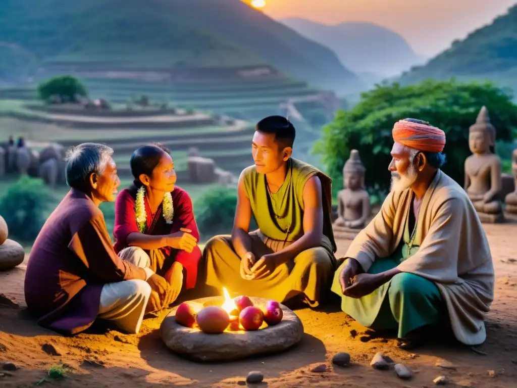 Villagers Engaged in Ancient Ceremony at Sunset Villagers realizando una ceremonia tradicional alrededor de antiguas figuras de piedra, evocando misterio y leyendas urbanas