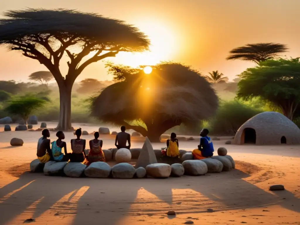 Misterio ancestral: aldeanos junto al círculo de piedras en Senegambia Villagers observan misteriosas figuras de piedra en Senegambia al atardecer, evocando leyendas urbanas y un aura de autenticidad africana