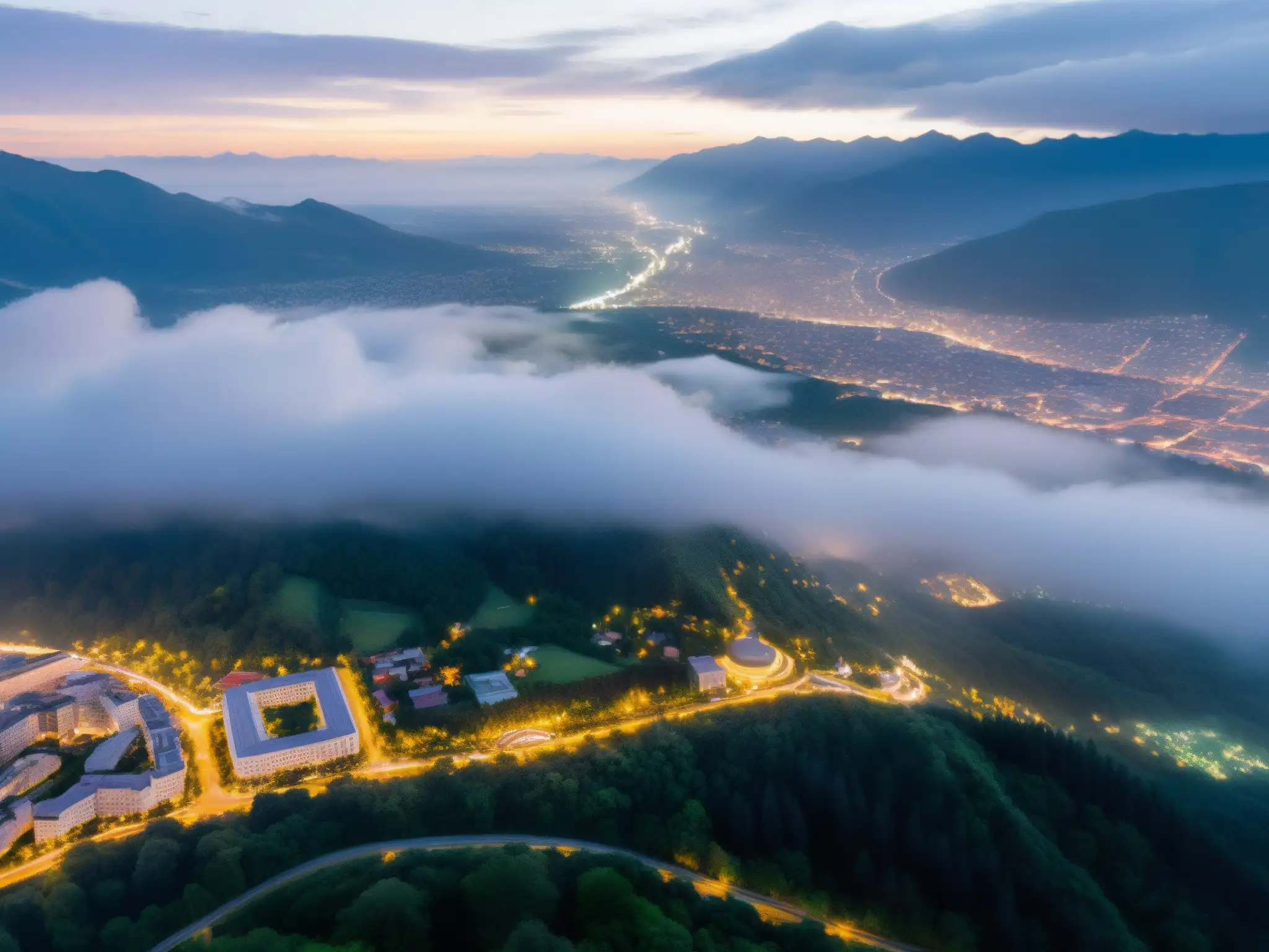 Luces de la ciudad entre la naturaleza salvaje Vista aérea de ciudad iluminada al anochecer con bosque denso alrededor, mostrando la coexistencia de civilización y naturaleza