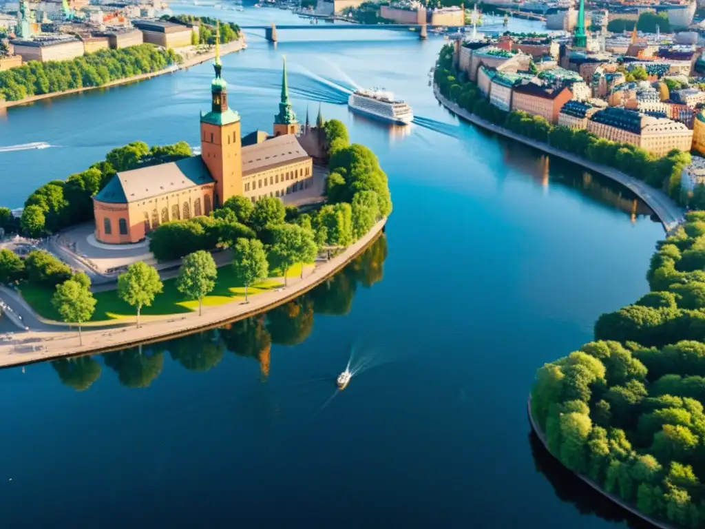 Vista aérea de Estocolmo con su arquitectura icónica entre exuberante vegetación y aguas azules