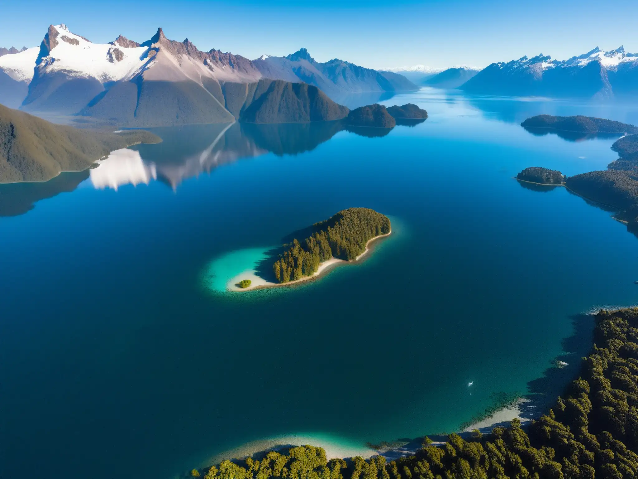 Espejo de los Andes: Nahuel Huapi en toda su majestuosidad Vista aérea impresionante del lago Nahuel Huapi, con aguas cristalinas reflejando los Andes nevados