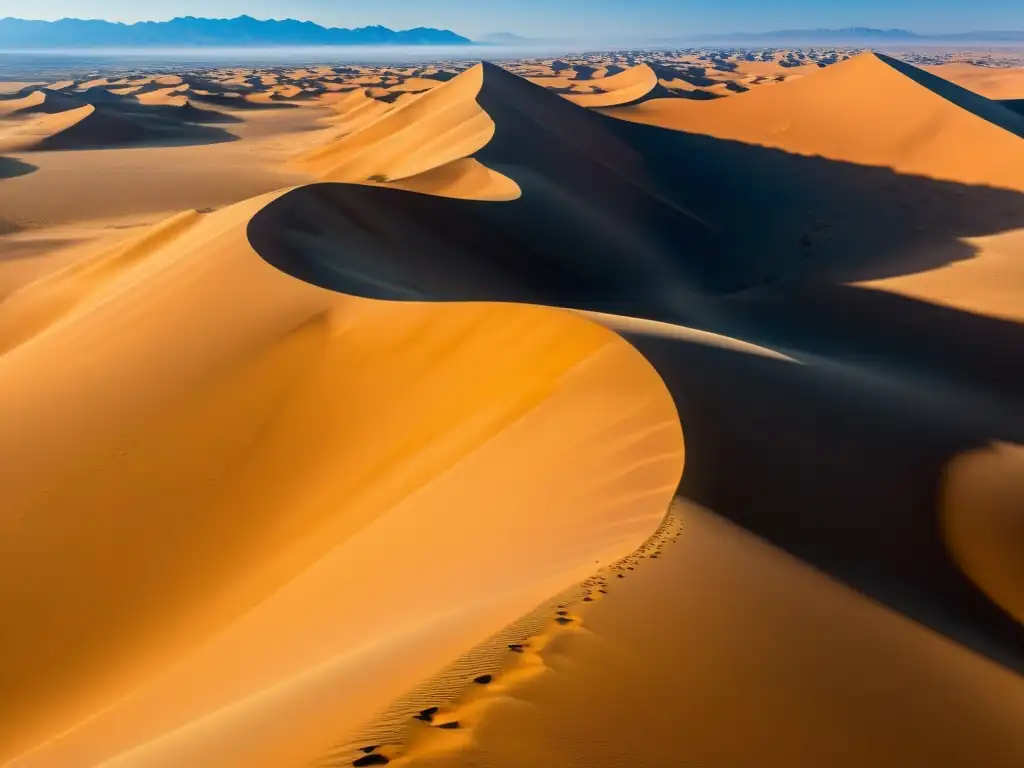Deslumbrante vista aérea del desolado Sahara: dunas doradas bajo cielo azul Vista aérea impresionante del misterioso desierto del Sahara con sus doradas dunas y cielo azul