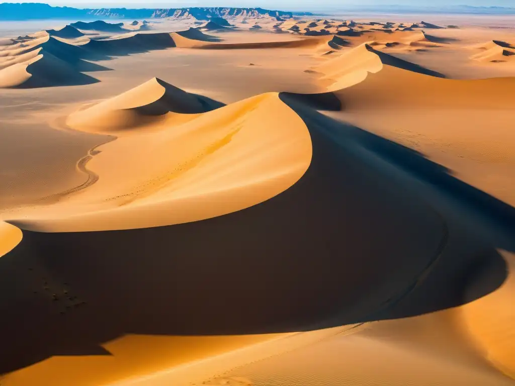 Deslumbrante desierto del Sahara: luces y sombras Vista aérea impresionante del misterioso Sahara con las ruinas de la ciudad perdida de Zerzura en la distancia, bajo un cielo azul claro