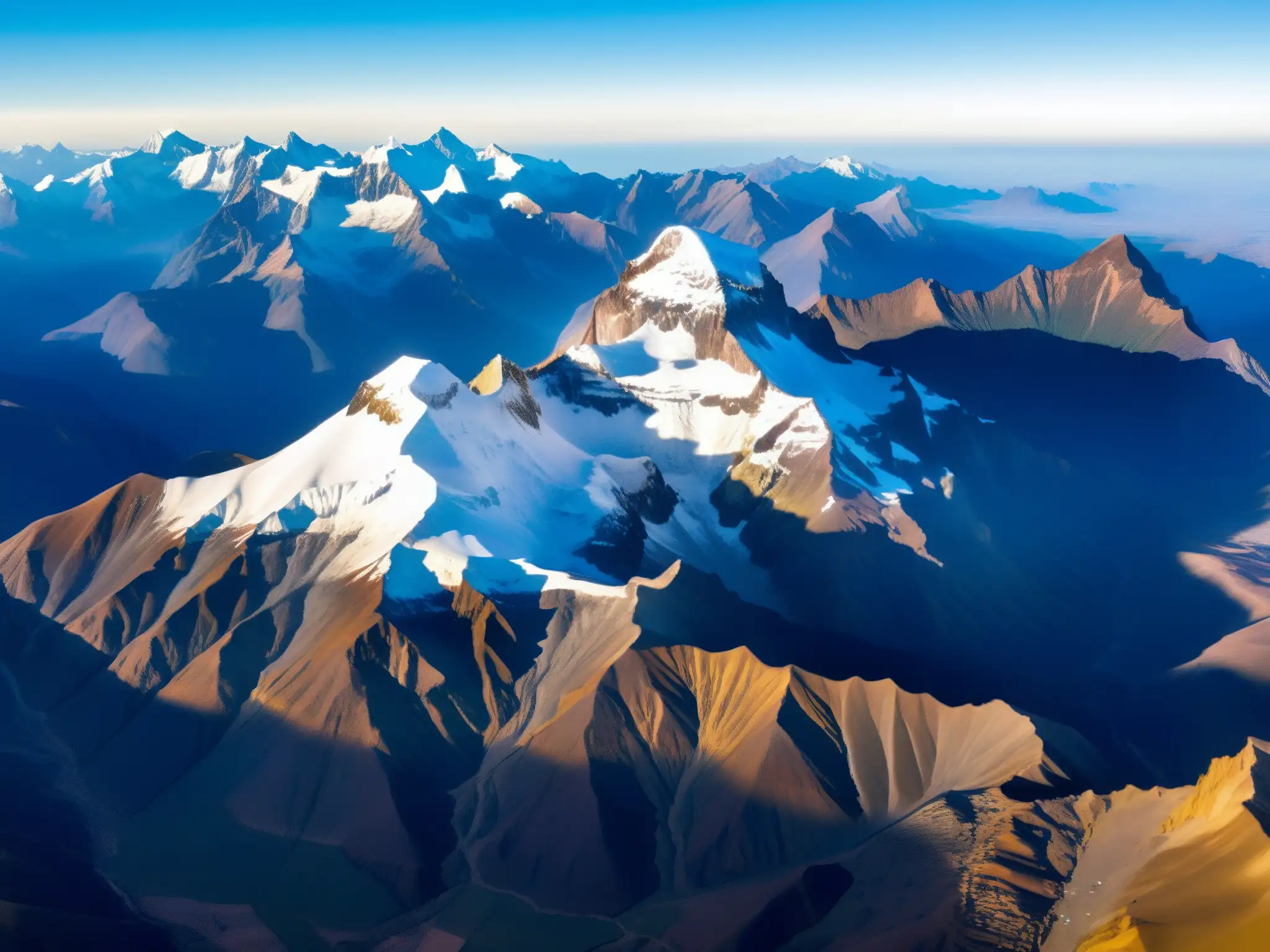 Esplendor andino al amanecer: montañas, nieve y luz dorada Una vista aérea impresionante de los Andes al amanecer, con picos escarpados y sombras largas