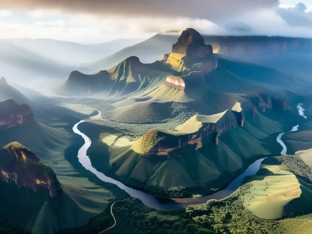 Majestuosas montañas de Kenia: luces doradas y misterio Vista aérea de las majestuosas montañas de Kenia envueltas en la neblina matutina, revelando riquezas perdidas en su paisaje misterioso y exuberante