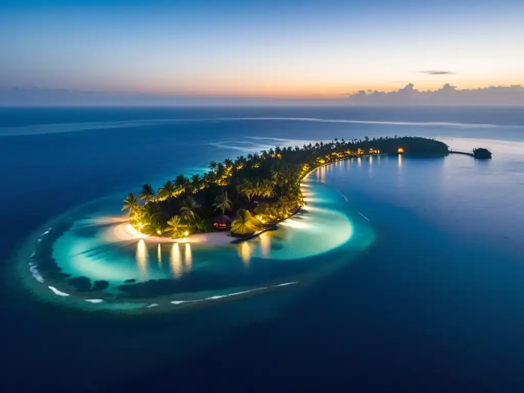 Vista aérea de Zanzíbar bajo la luna: misterio y belleza Vista aérea de Zanzíbar de noche, con palmeras en silueta y luces de aldea