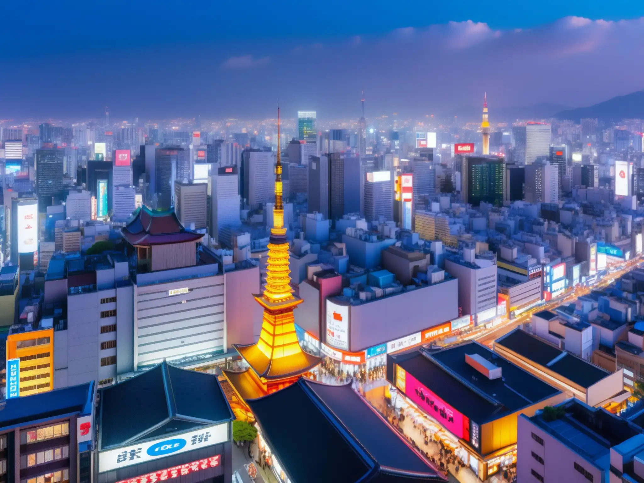 Vista aérea nocturna de una bulliciosa calle de Tokio, con luces de neón y gente
