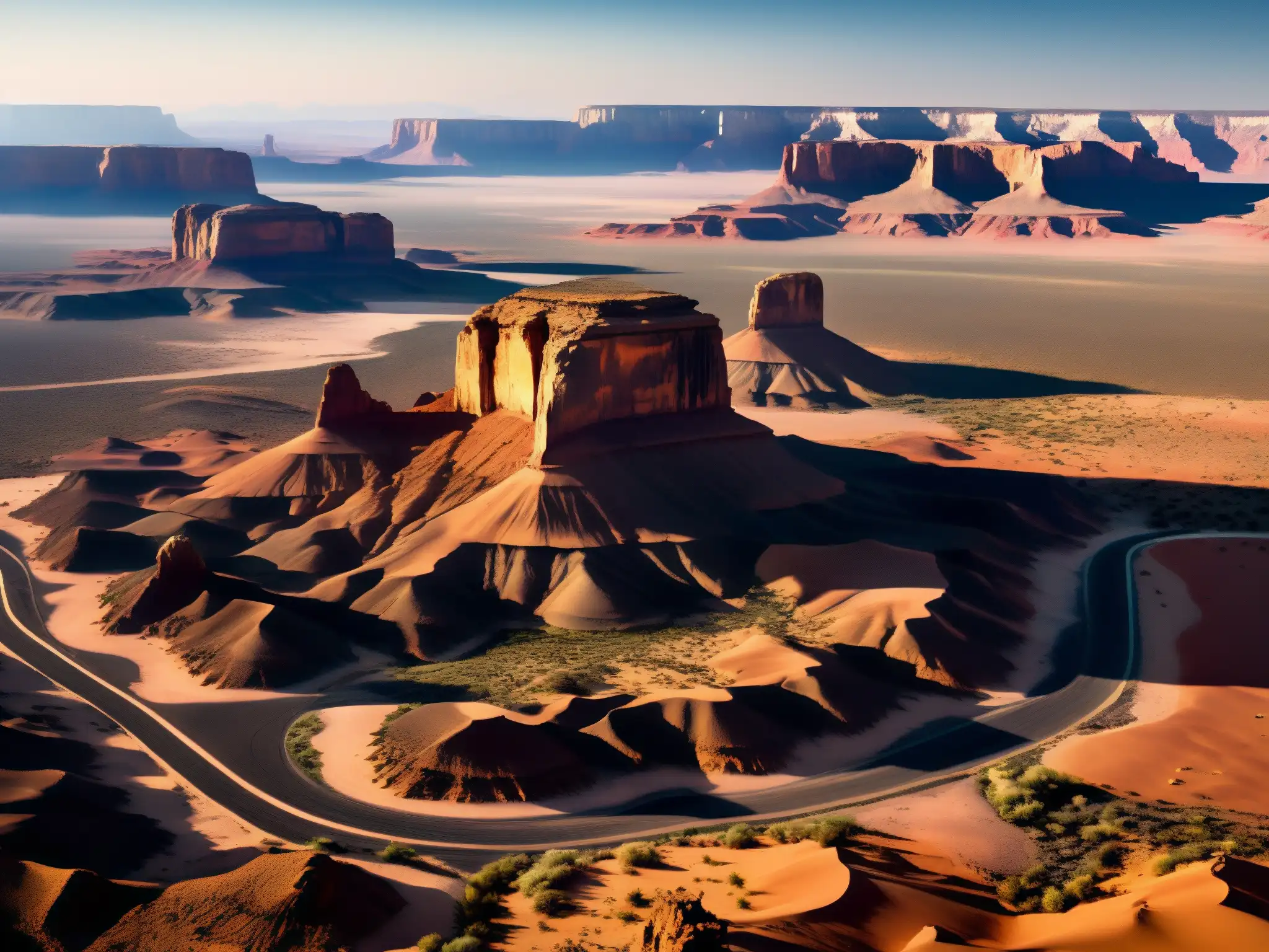Misterioso avistamiento en el desierto al atardecer Vista aérea de un paisaje desértico remoto al atardecer con formaciones rocosas y una misteriosa nave alienígena