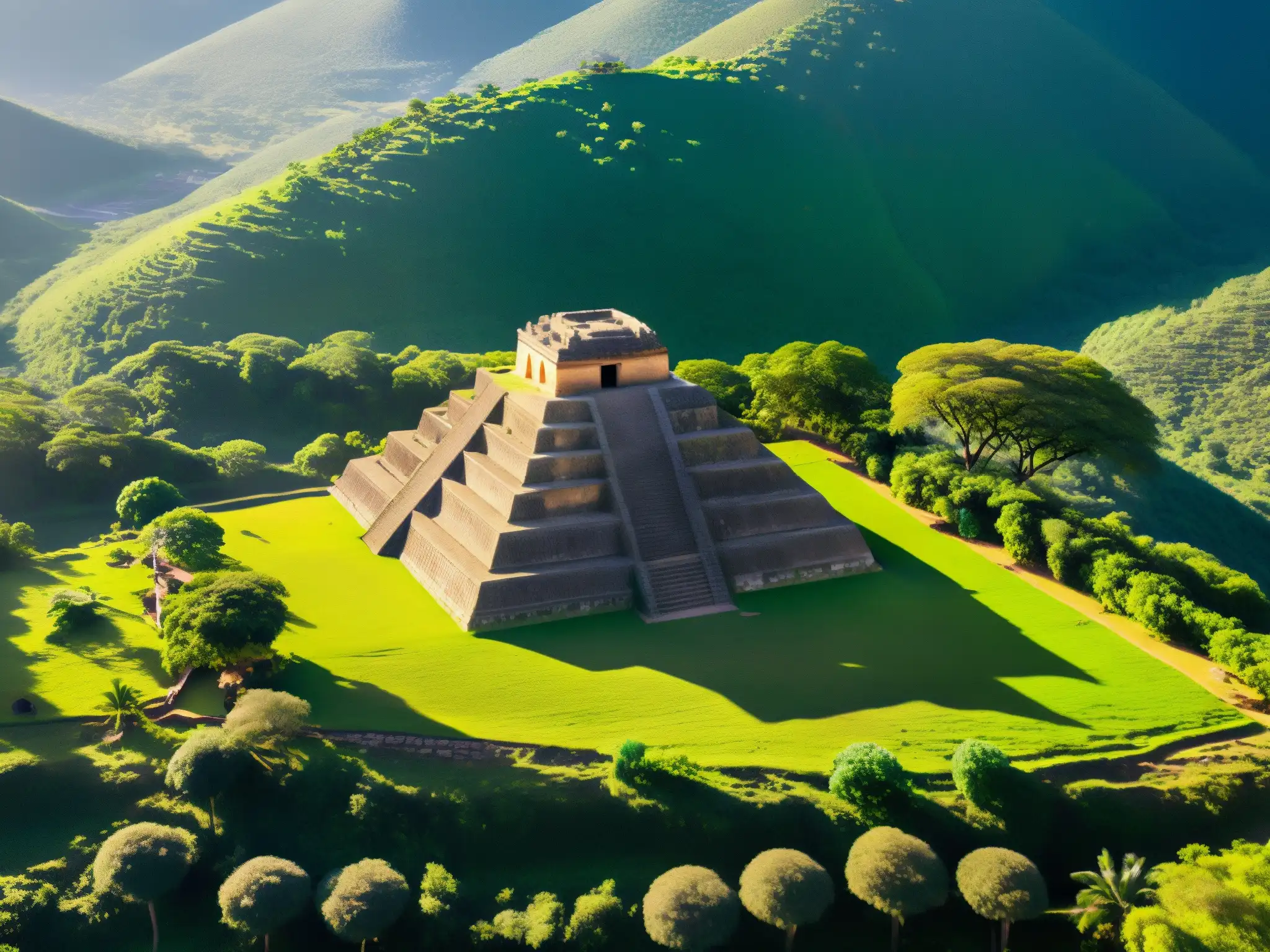 El Tajín: Pirámide de los Nichos y los Voladores de Papantla Vista aérea de El Tajín con la Pirámide de los Nichos y el ritual de los Voladores de Papantla, evocando misticismo y tradición