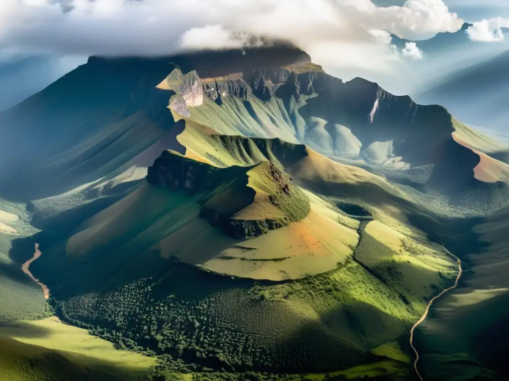 Montañas majestuosas de Kenia: naturaleza salvaje en HD Vista aérea de las riquezas perdidas en montañas Kenia, con picos escarpados, valles verdes y nubes