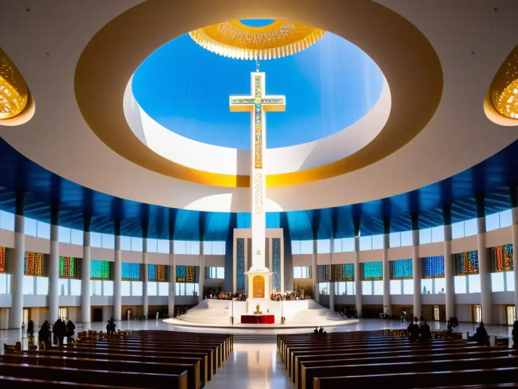 Santuario de Fátima: Devoción y Arquitectura Vista detallada de la Basílica del Santuario de Nuestra Señora de Fátima, con peregrinos y vitrales iluminados por el sol